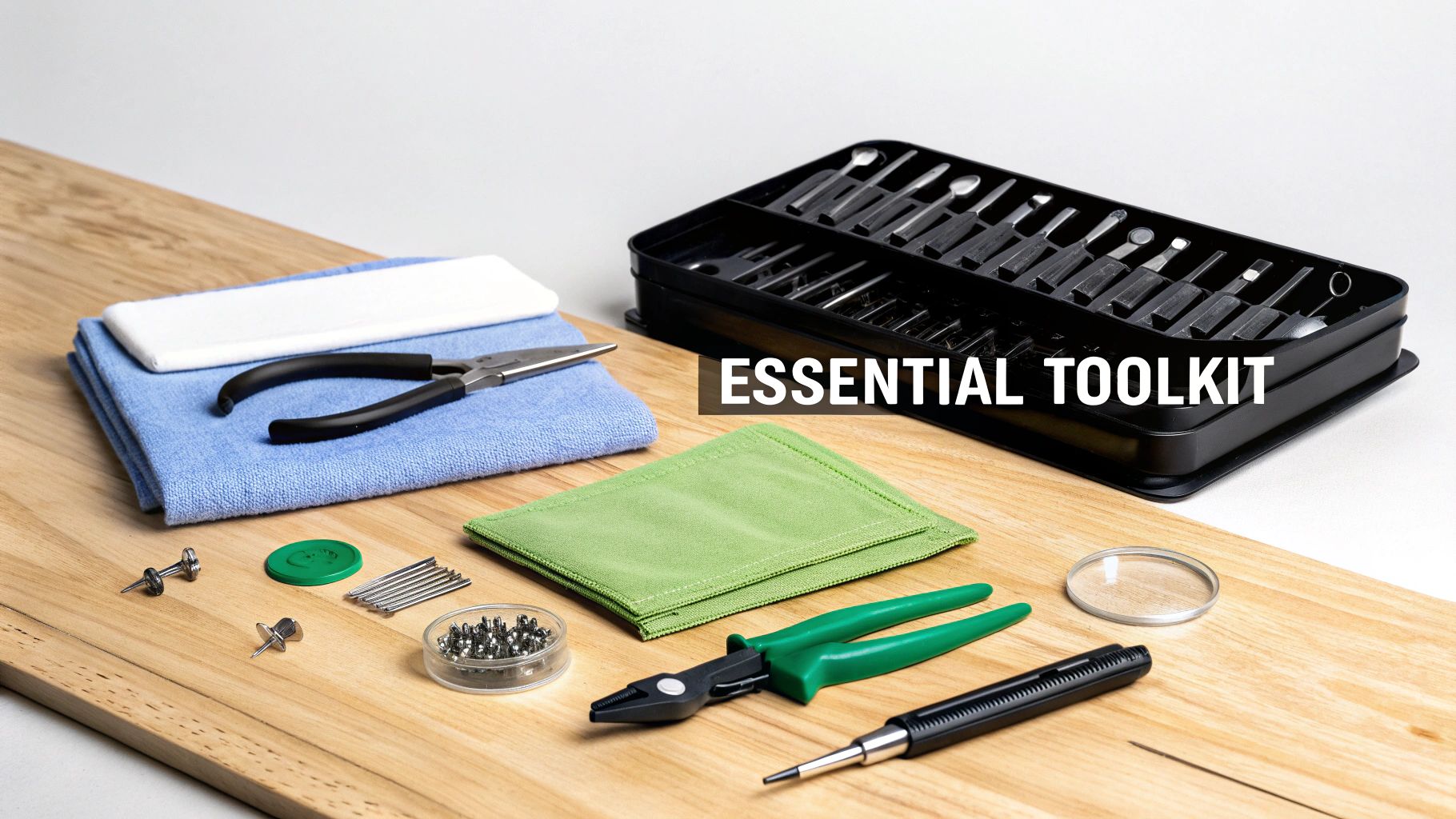 A flat lay of an essential toolkit for precision repairs, featuring various tools, cloths, and small components on wood.