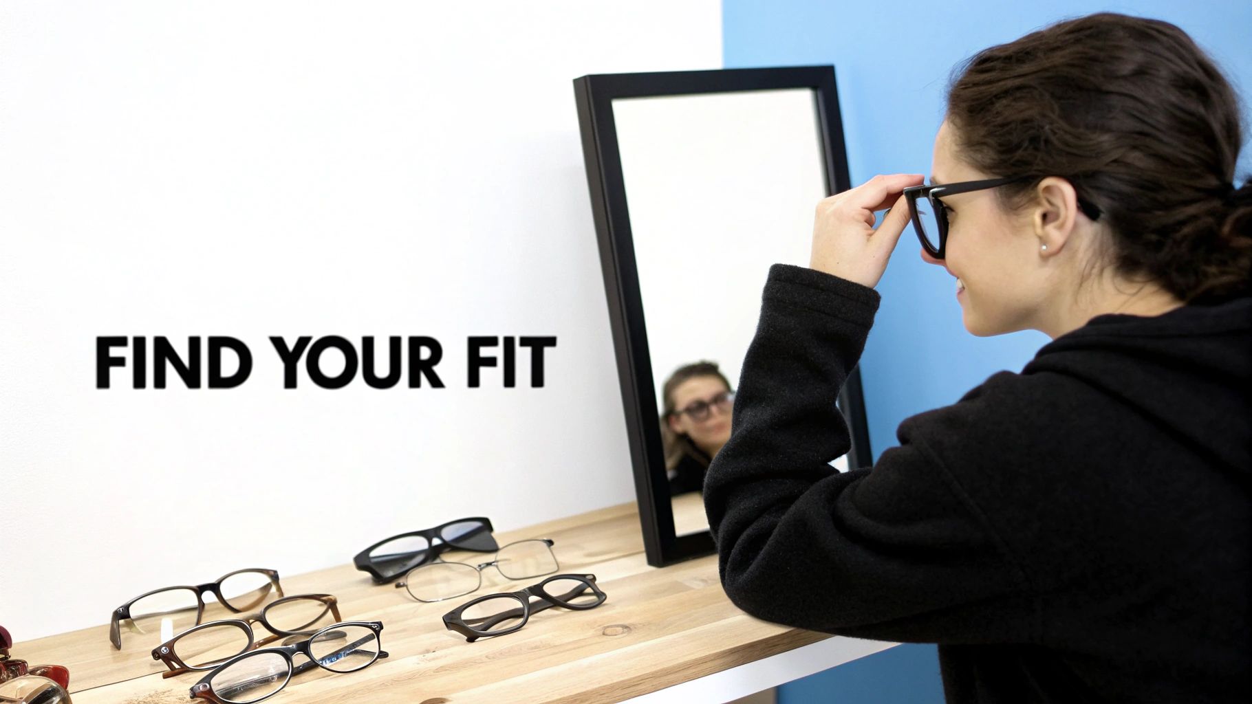 A woman with curly hair tries on black-framed eyeglasses in front of a mirror at an optician's.