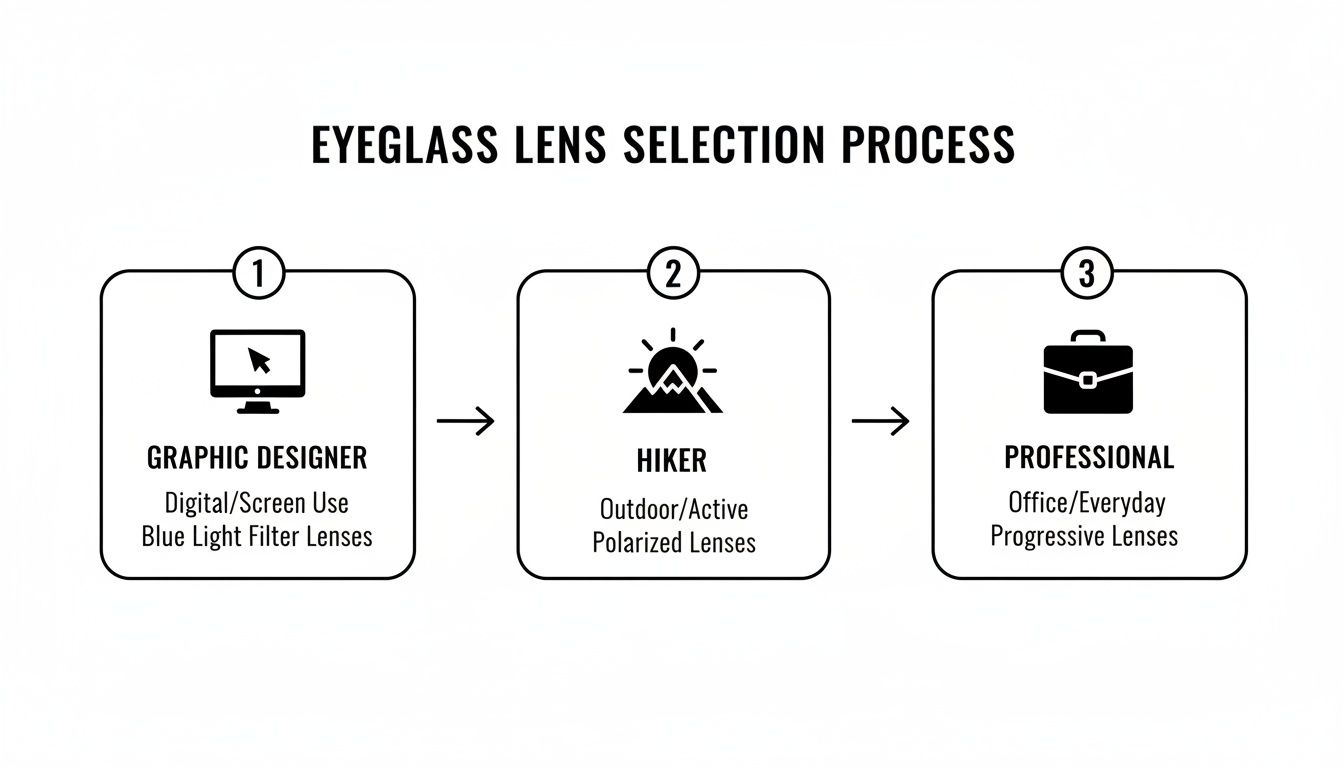 Flowchart detailing eyeglass lens selection for graphic designers, hikers, and professionals.