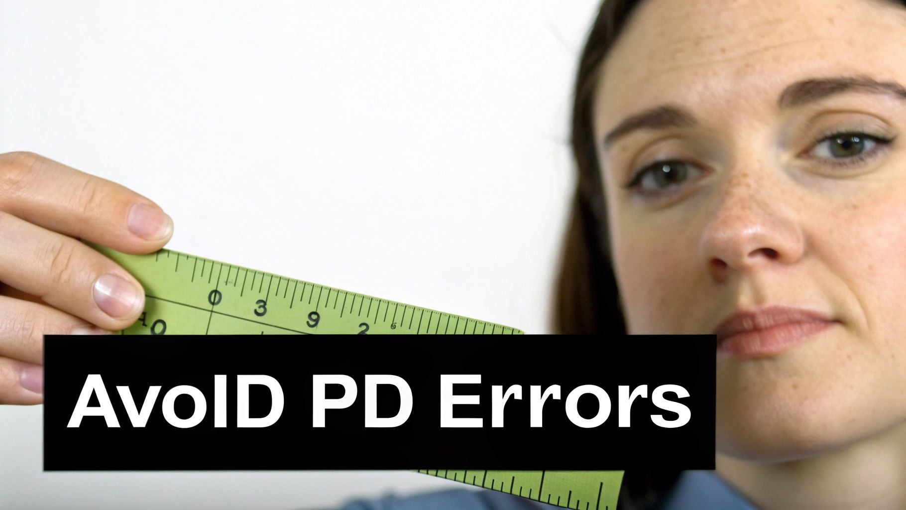 A person using a ruler to measure their pupillary distance in a mirror