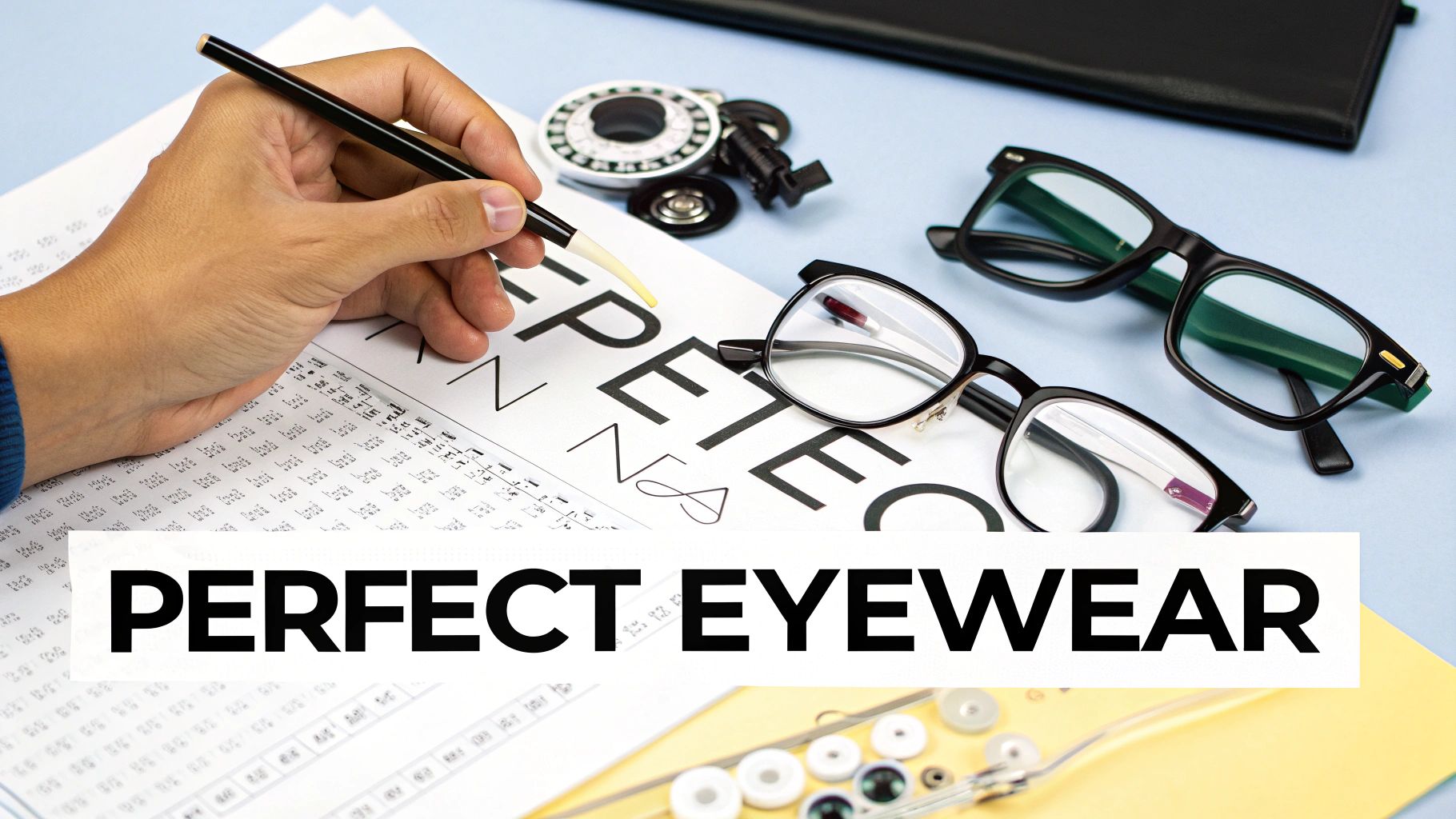 A hand pointing at an eye chart, surrounded by eyeglasses and optical tools for vision testing.