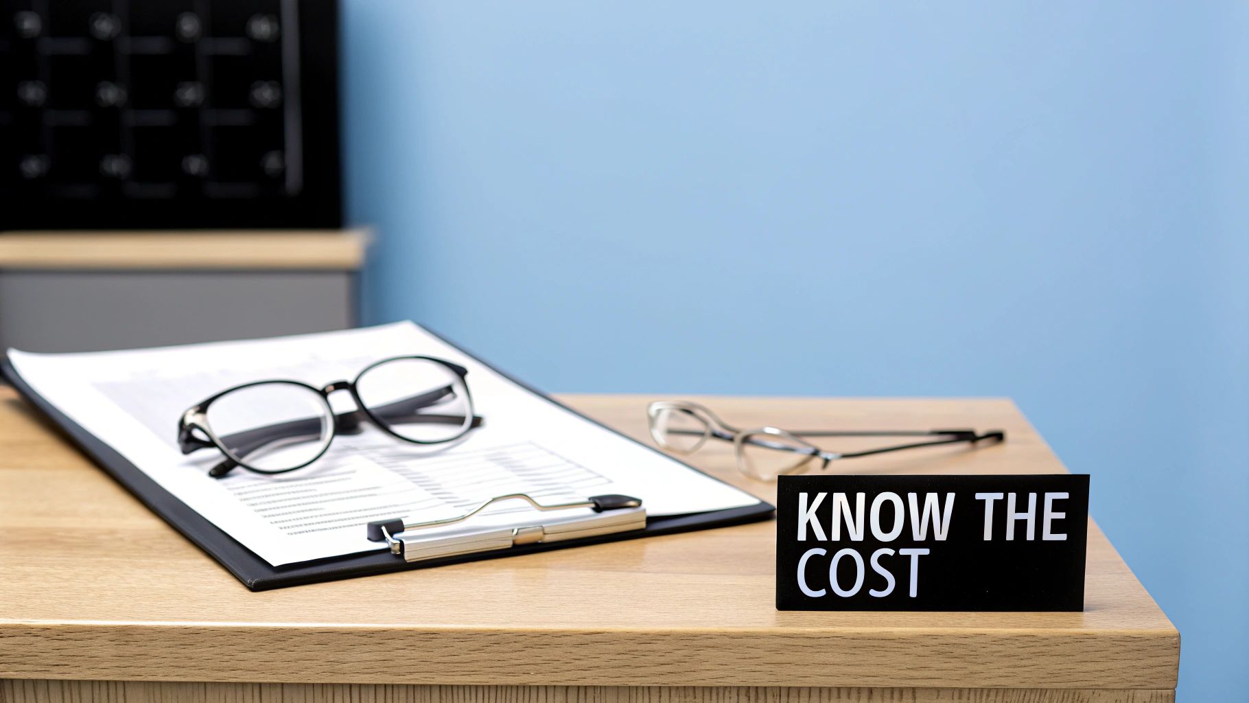 A wooden desk with a clipboard, two pairs of glasses, and a sign reading 'KNOW THE COST'.