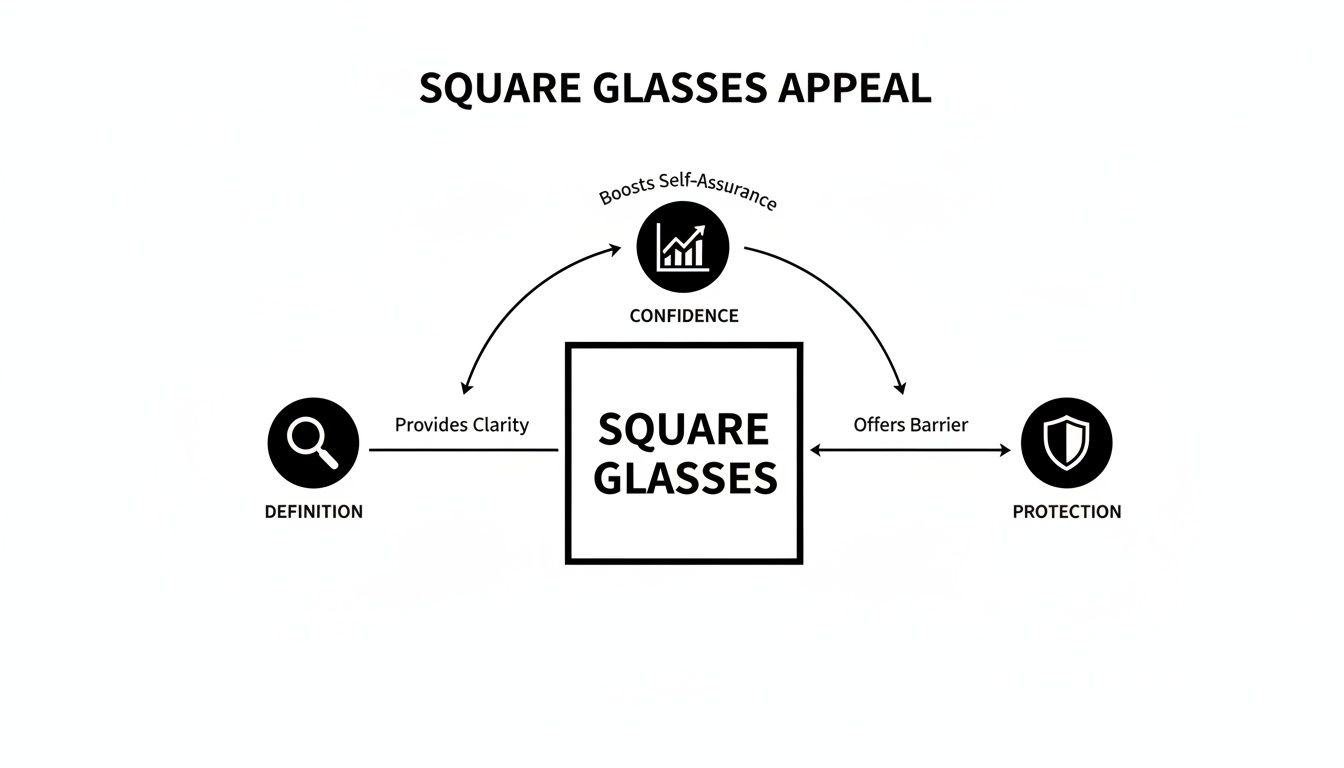Diagram illustrating the appeal of square glasses, showing they provide clarity, offer protection, and boost confidence.