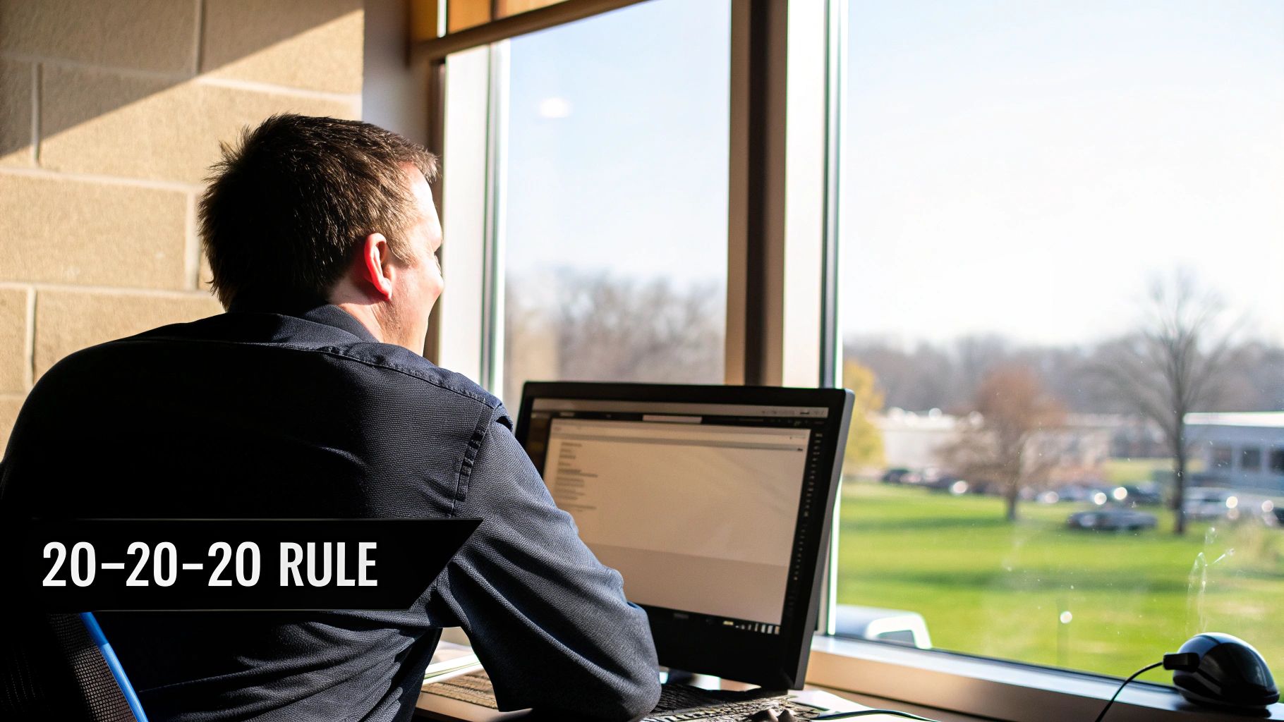 A person taking a break from their computer to look out the window, demonstrating a healthy eye habit.