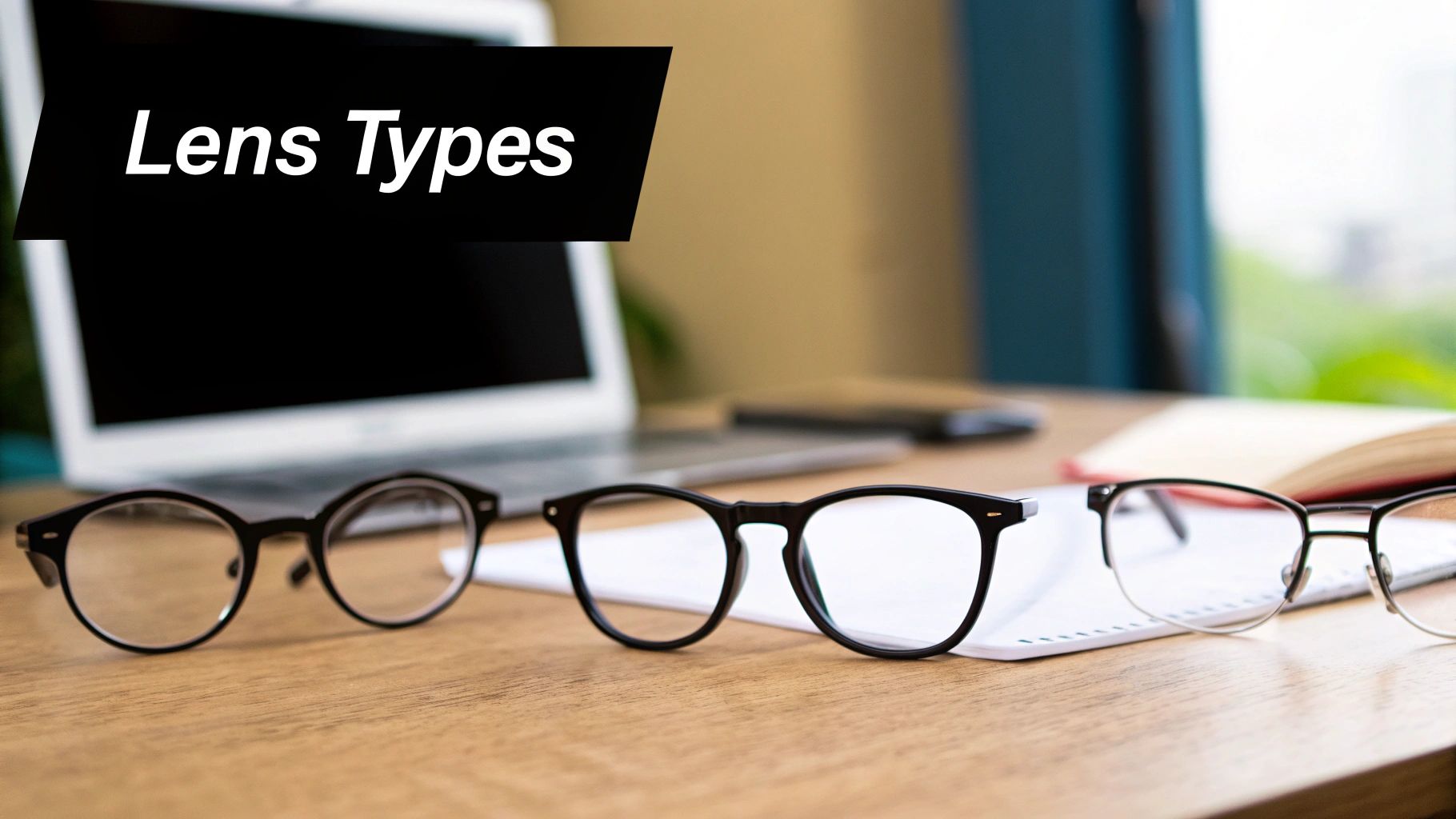 Three pairs of eyeglasses on a wooden desk with a laptop and the text 'Lens Types'.
