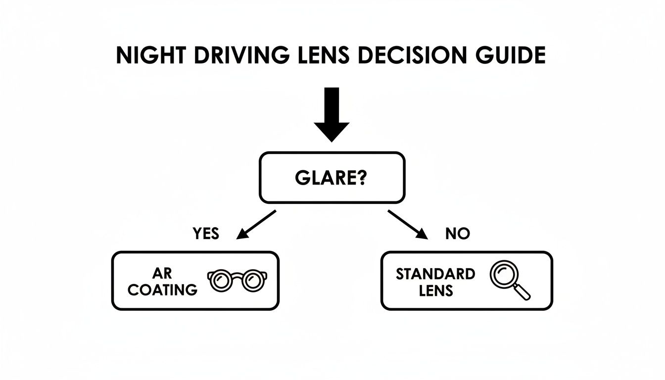 A decision guide for night driving lenses: Glare? Yes, choose AR coating with glasses; No, choose standard lens with a magnifying glass.