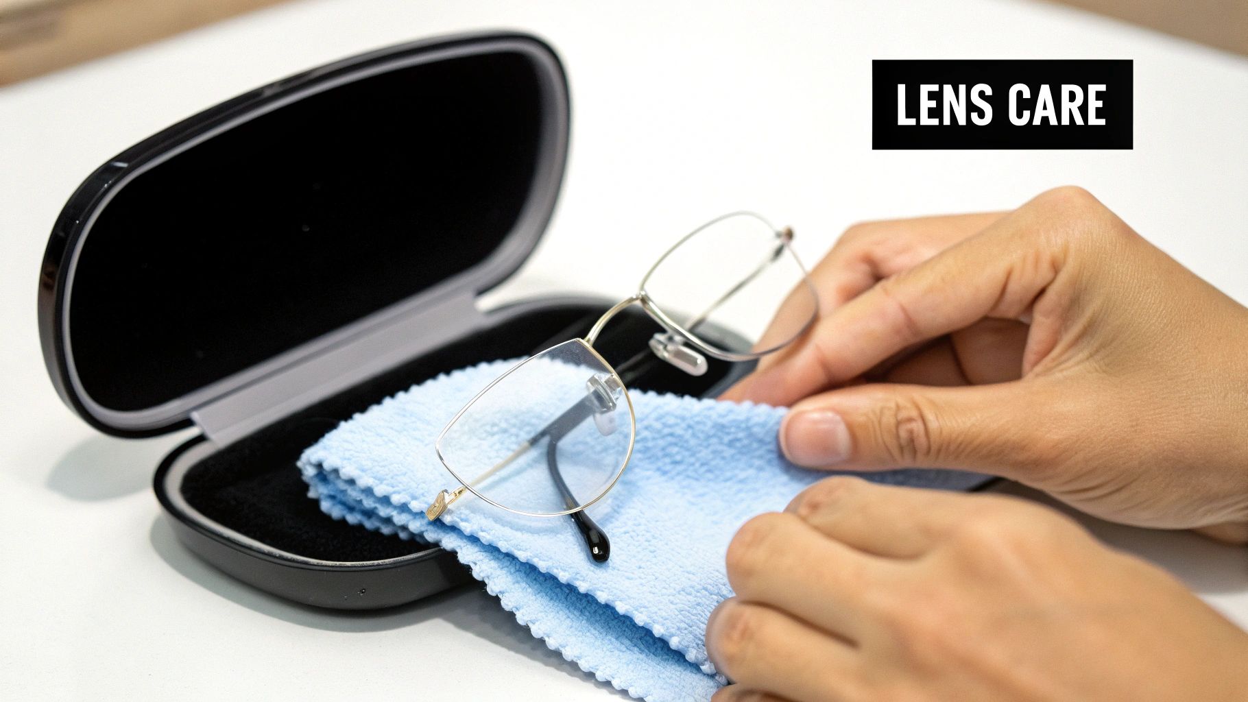 A person's hands carefully cleaning clear lens glasses with a soft blue cloth for lens care.
