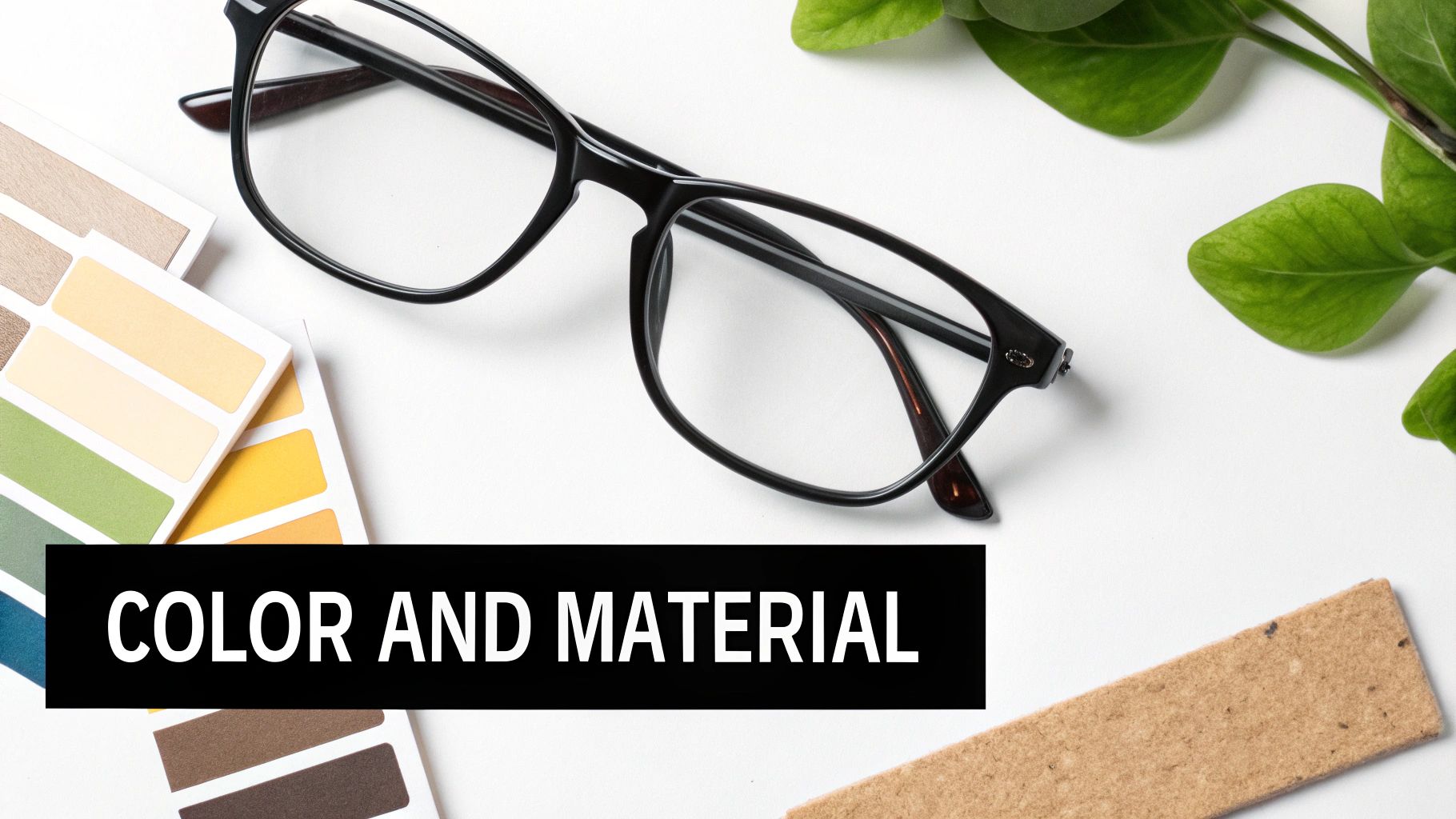 Flat lay of black eyeglasses, color swatch palettes, and a material sample on a white background.