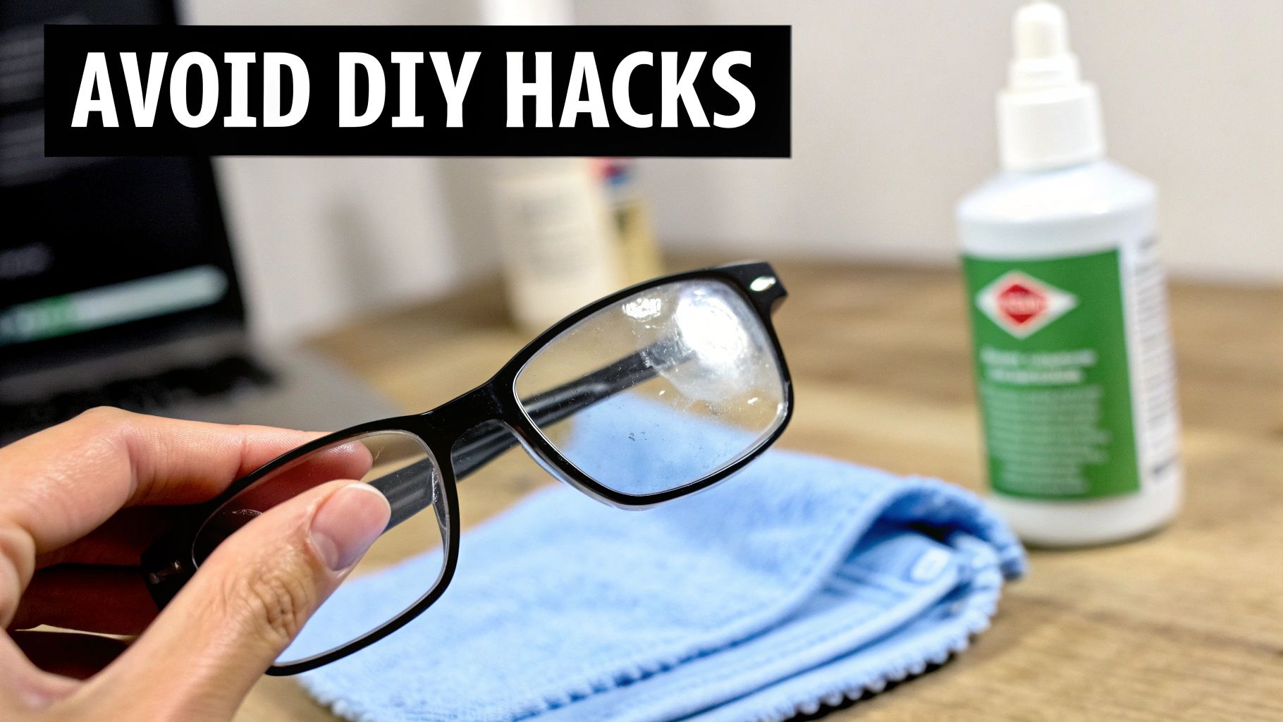 A person holds dirty eyeglasses, with a cleaning cloth and solution on a wooden table.