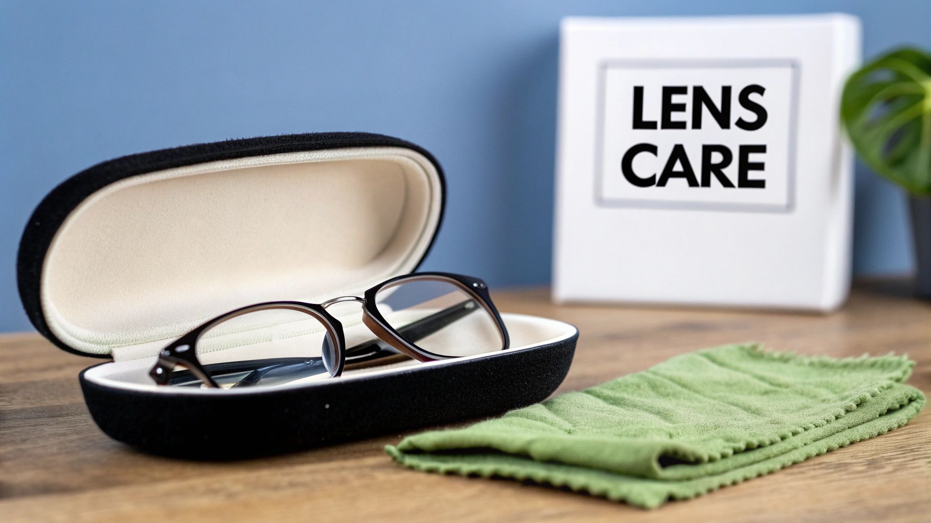 Eyeglasses in an open case with a lens cleaning cloth and a 'LENS CARE' box.