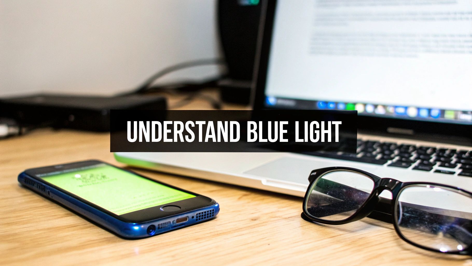 A smartphone, laptop, and eyeglasses on a desk with 'UNDERSTAND BLUE LIGHT' text.