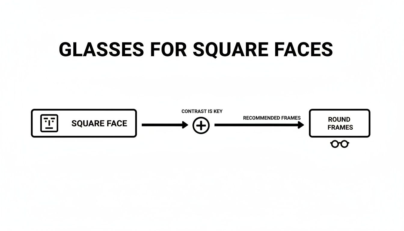Flowchart recommending round glasses frames for square faces, emphasizing contrast as key for suitable eyewear.