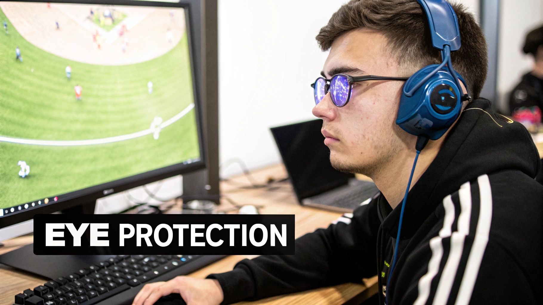 Gamer wearing blue light glasses and concentrating on a game