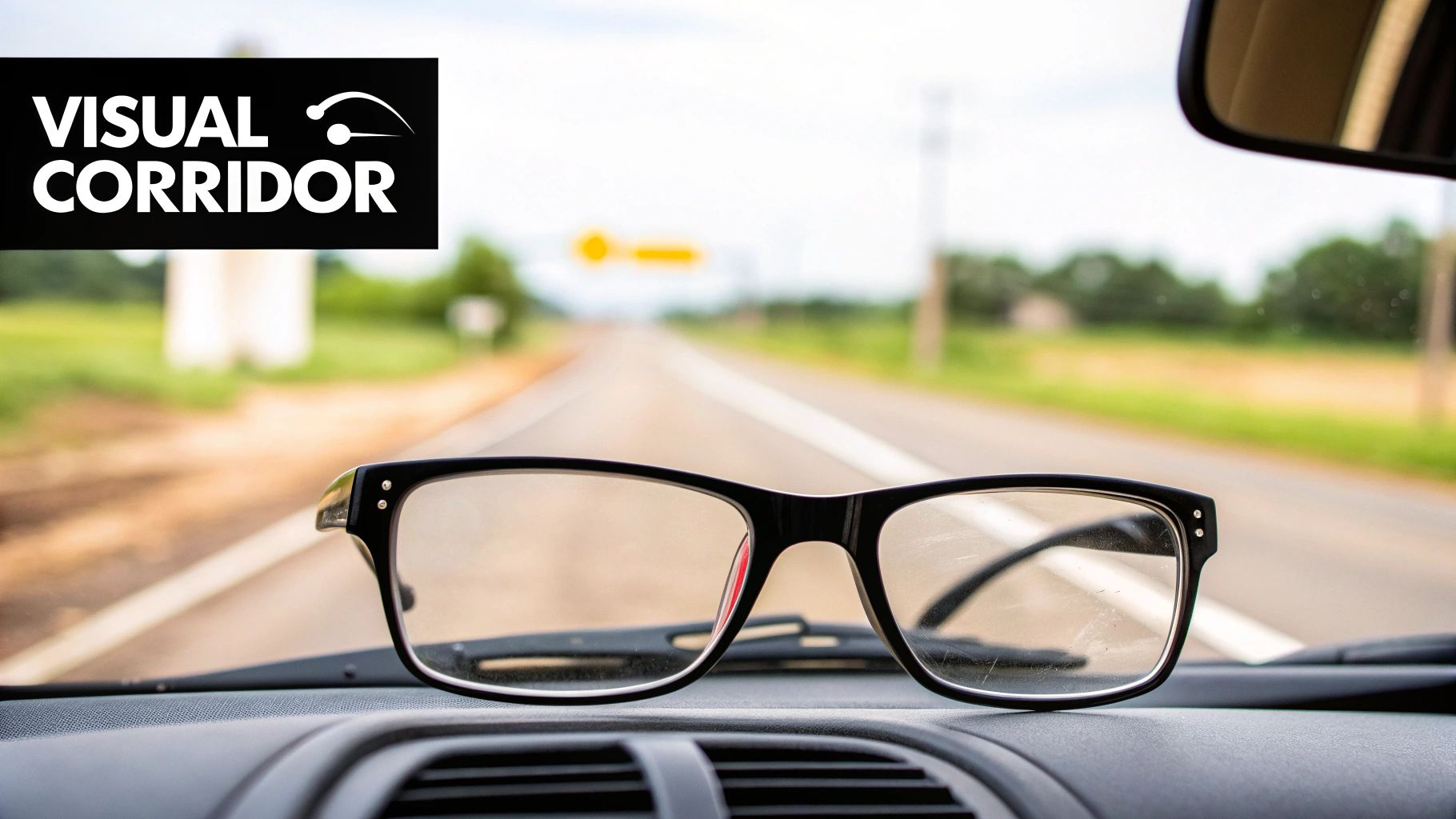 A close-up view through a progressive lens, showing a smooth, clear transition from a distant landscape to a nearby book.