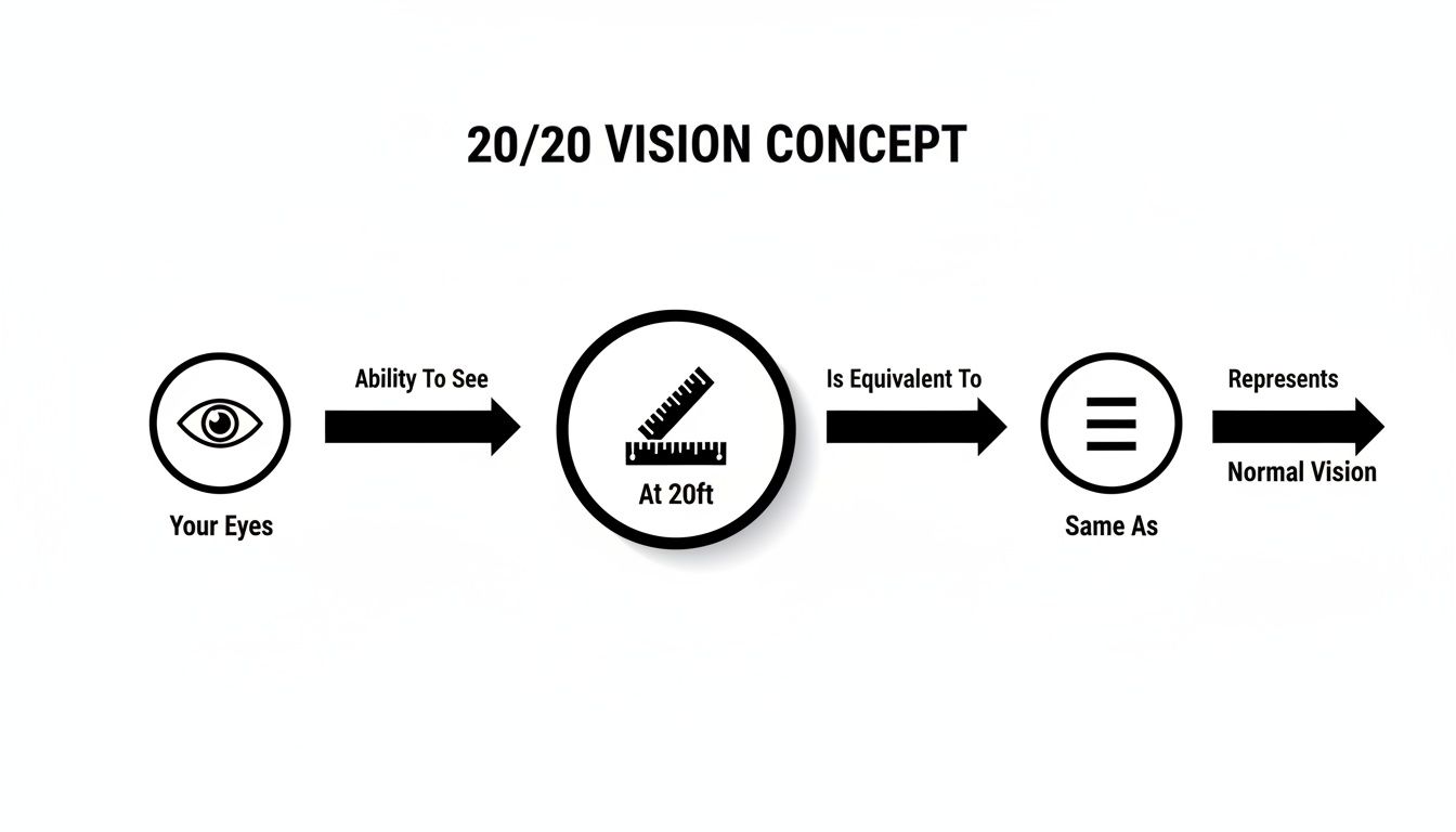 Diagram illustrating the 20/20 vision concept, showing eyes' ability to see at 20 feet equals normal vision.