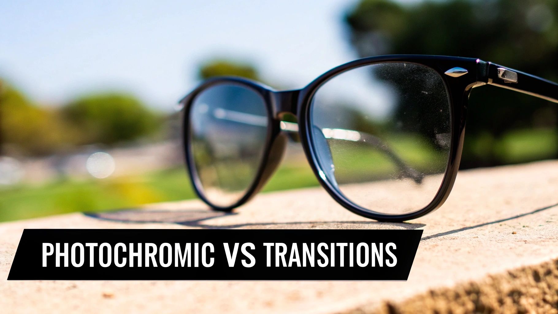 A person wearing glasses with photochromic lenses that are partially tinted as they stand in a bright, outdoor setting.