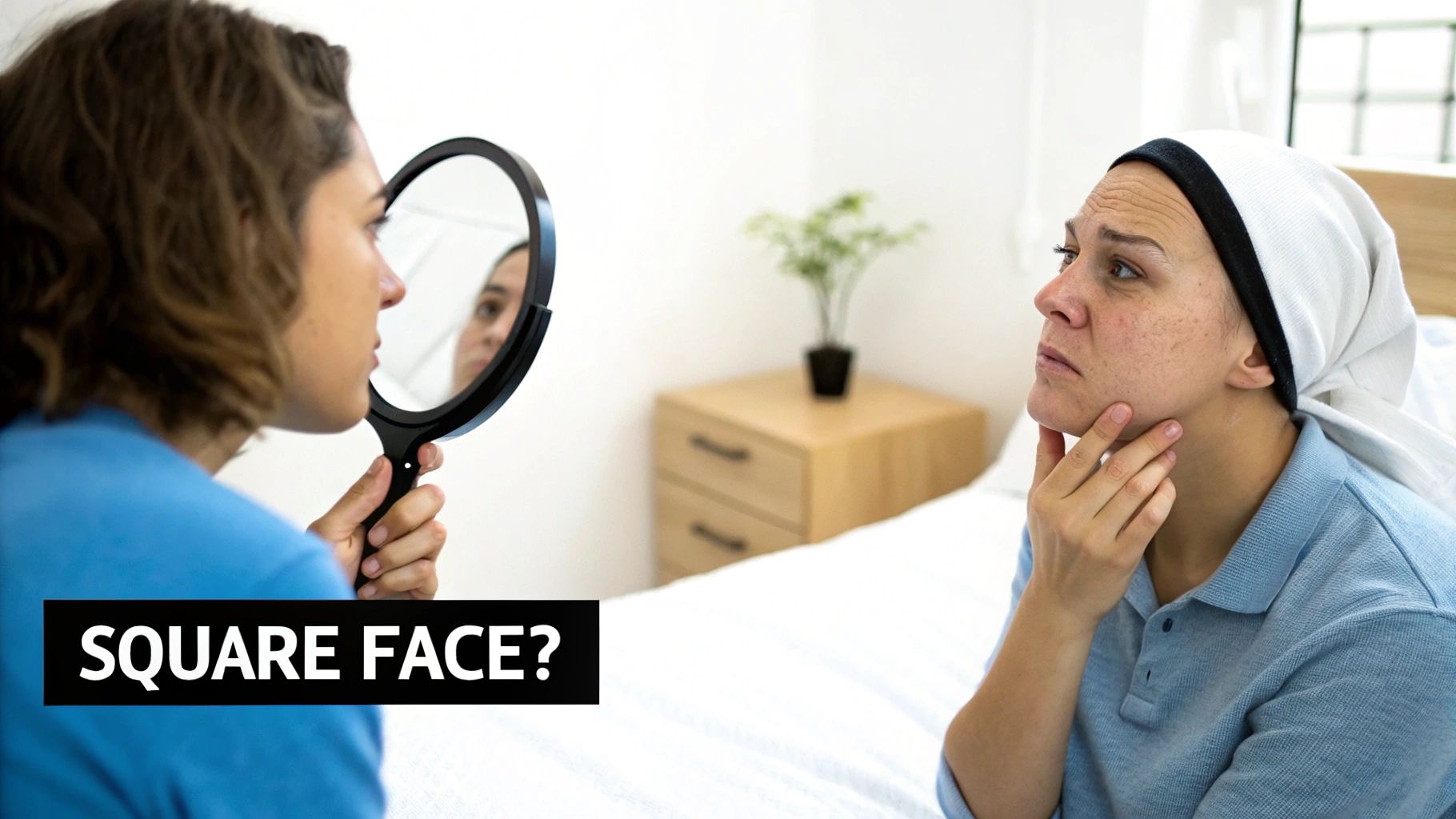 A woman looks into a hand mirror, her reflection shows another woman concerned about her face.