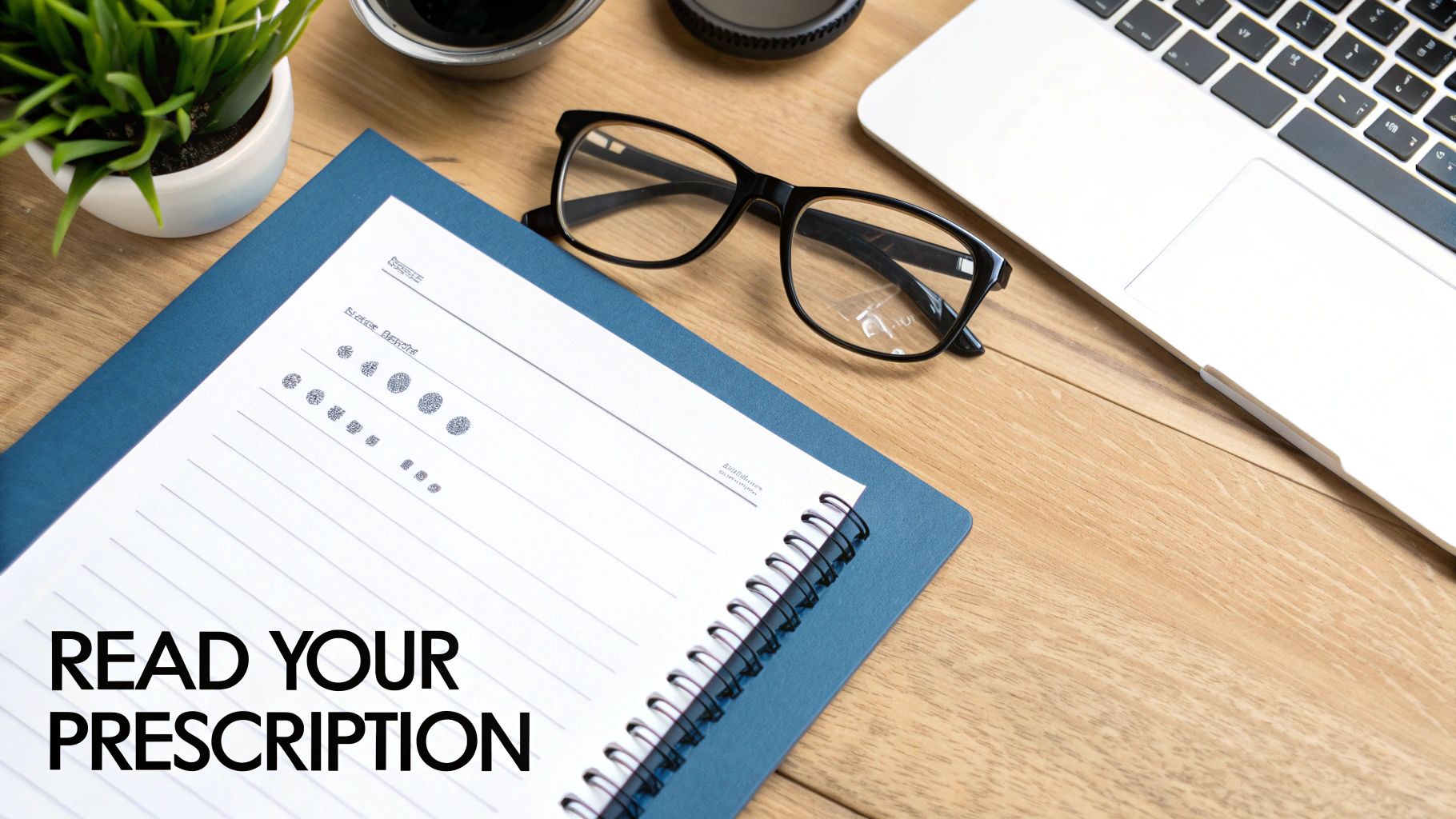 A person's hands holding up a new pair of stylish prescription glasses against a soft, blurred background.