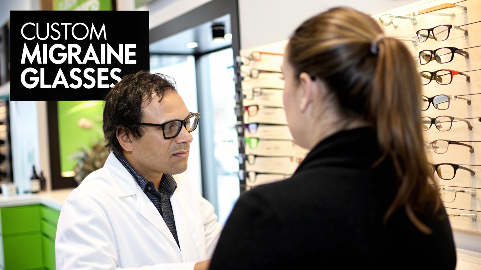 An optician in a white coat discusses custom migraine glasses with a female customer in an optical store.