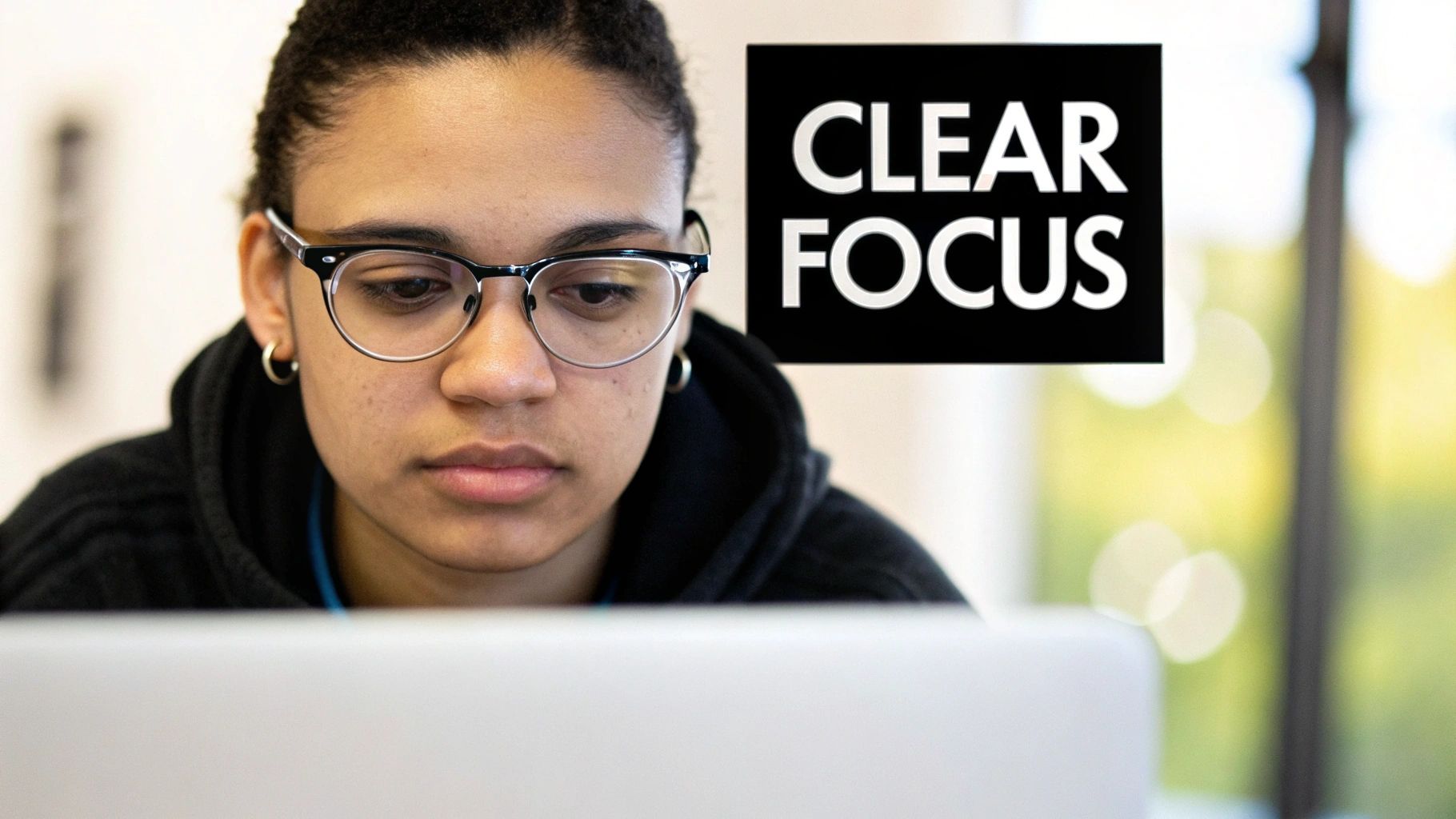 A focused young person wearing glasses looks intently at a laptop, with "CLEAR FOCUS" text.