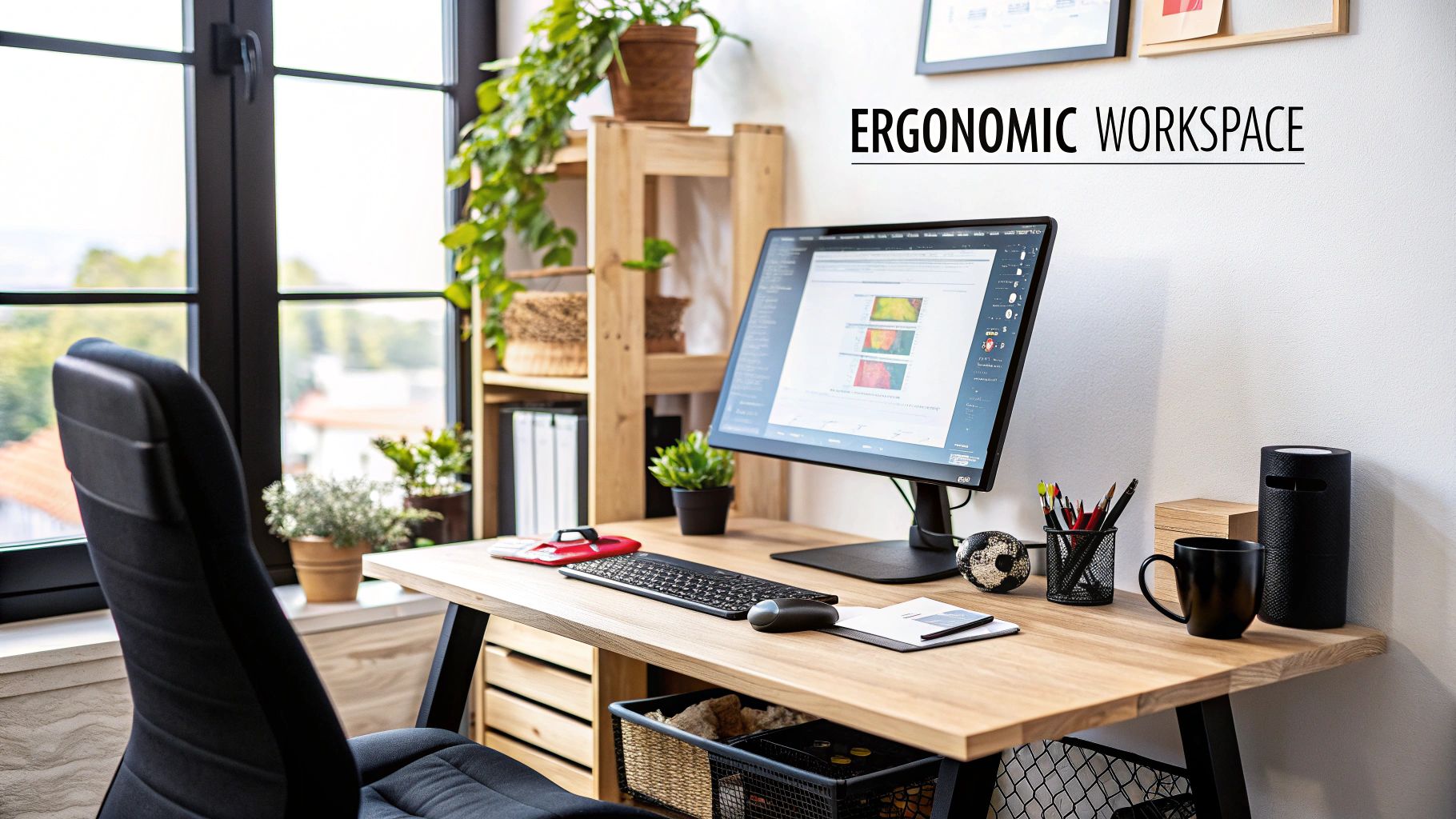 A well-lit and ergonomic desk setup with a computer and plants.