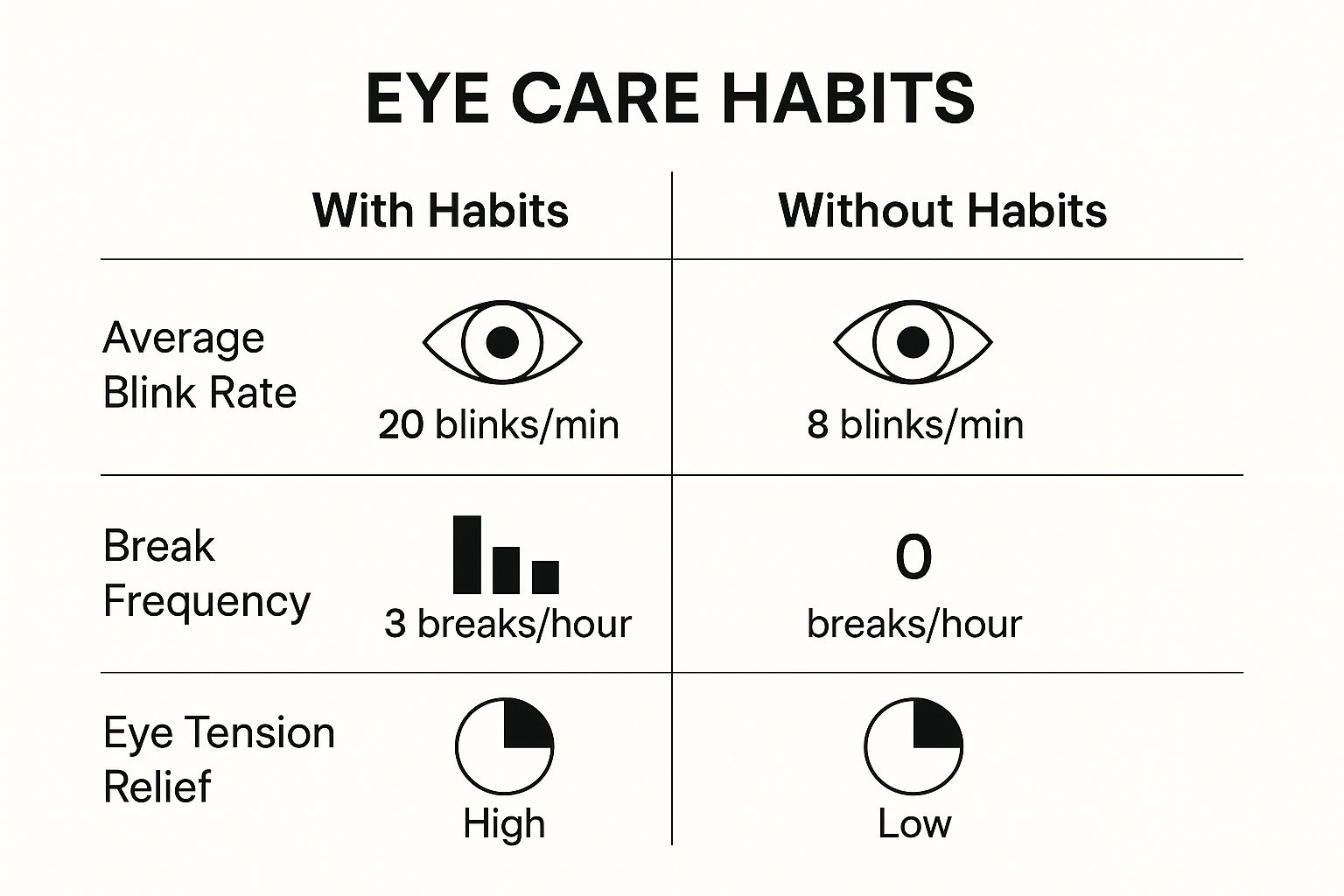 Infographic comparing the effects of good vs. bad eye health habits, showing differences in blink rate, break frequency, and tension relief.