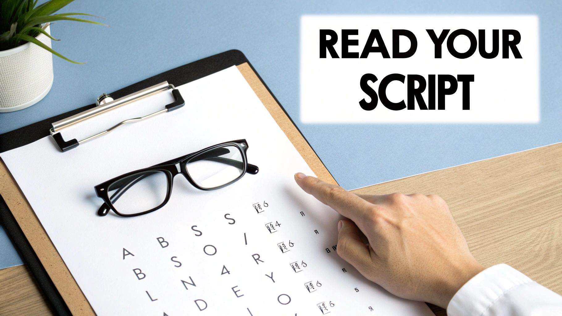 A hand points at an eye chart with glasses on a clipboard, reading 'READ YOUR SCRIPT'.