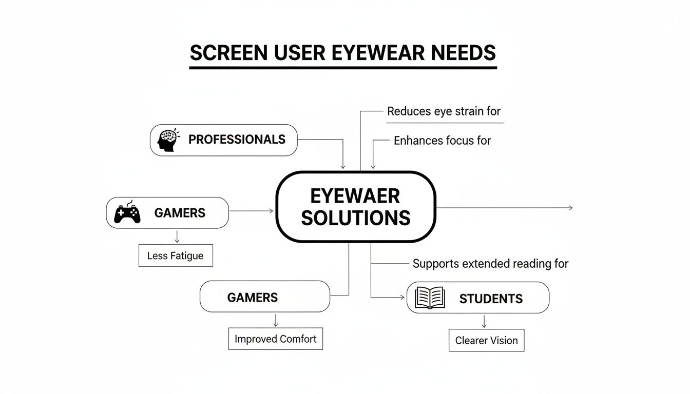 Flowchart illustrating screen user eyewear needs and solutions for professionals, gamers, and students.