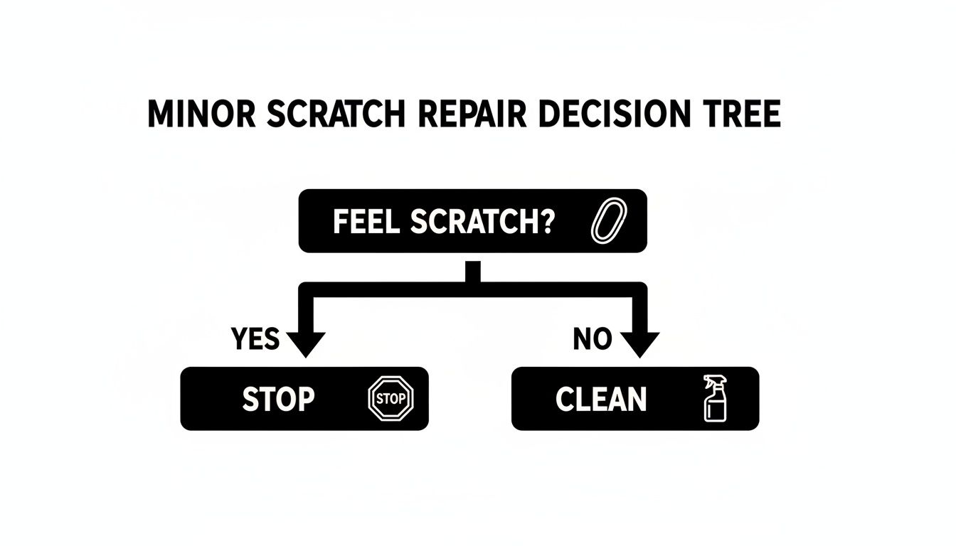 Decision tree for minor scratch repair: feel scratch? Yes: stop. No: clean.