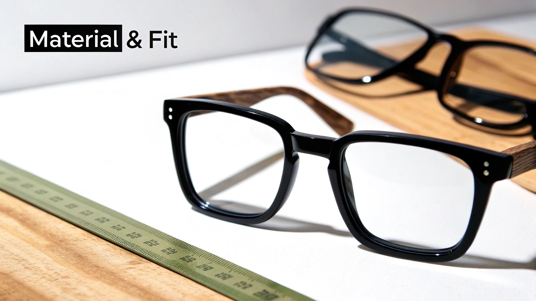 Close-up of black square-frame glasses with wooden temples on a white surface, ruler visible.