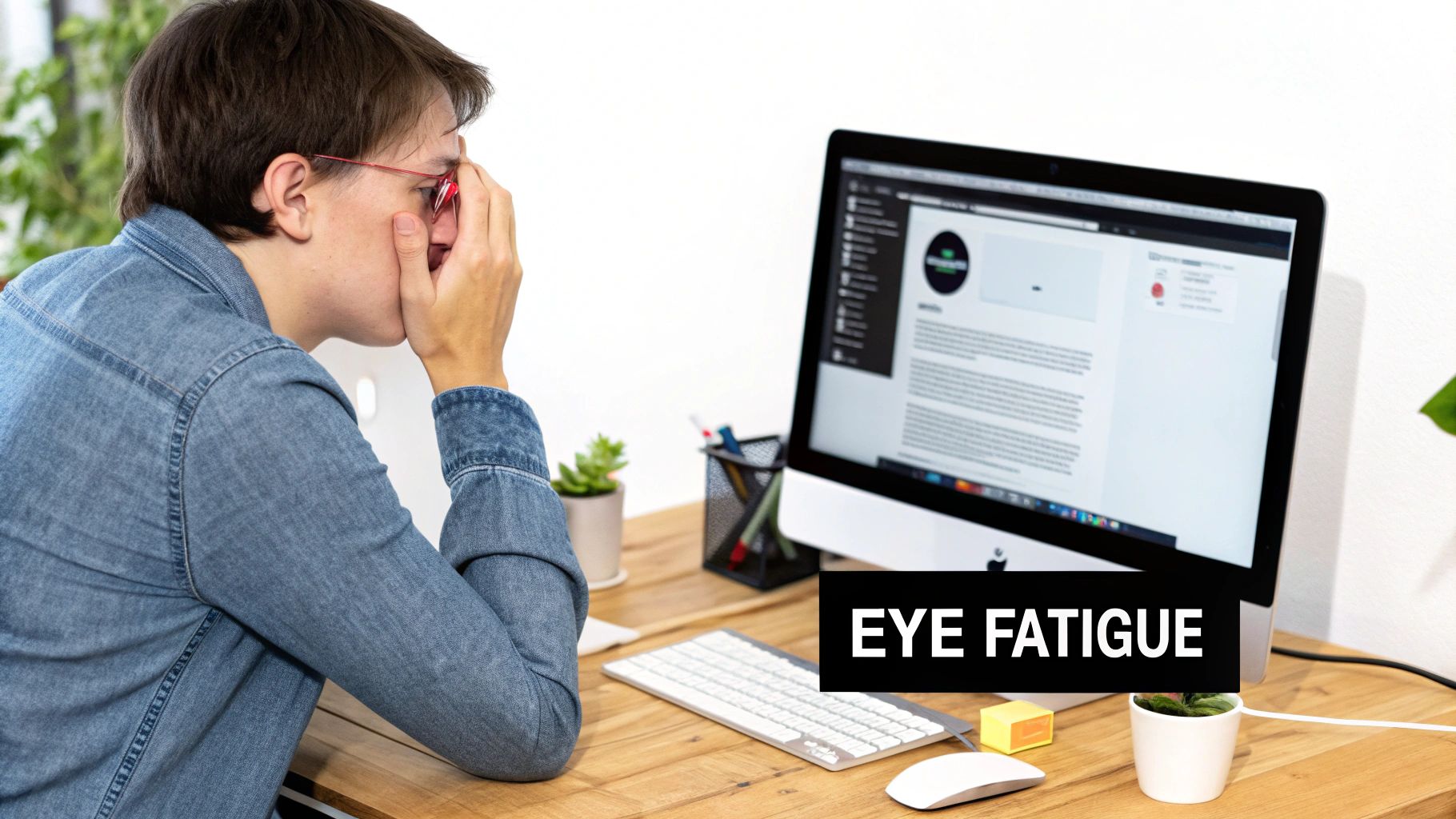 A person wearing computer glasses and looking at a laptop screen in a well-lit room