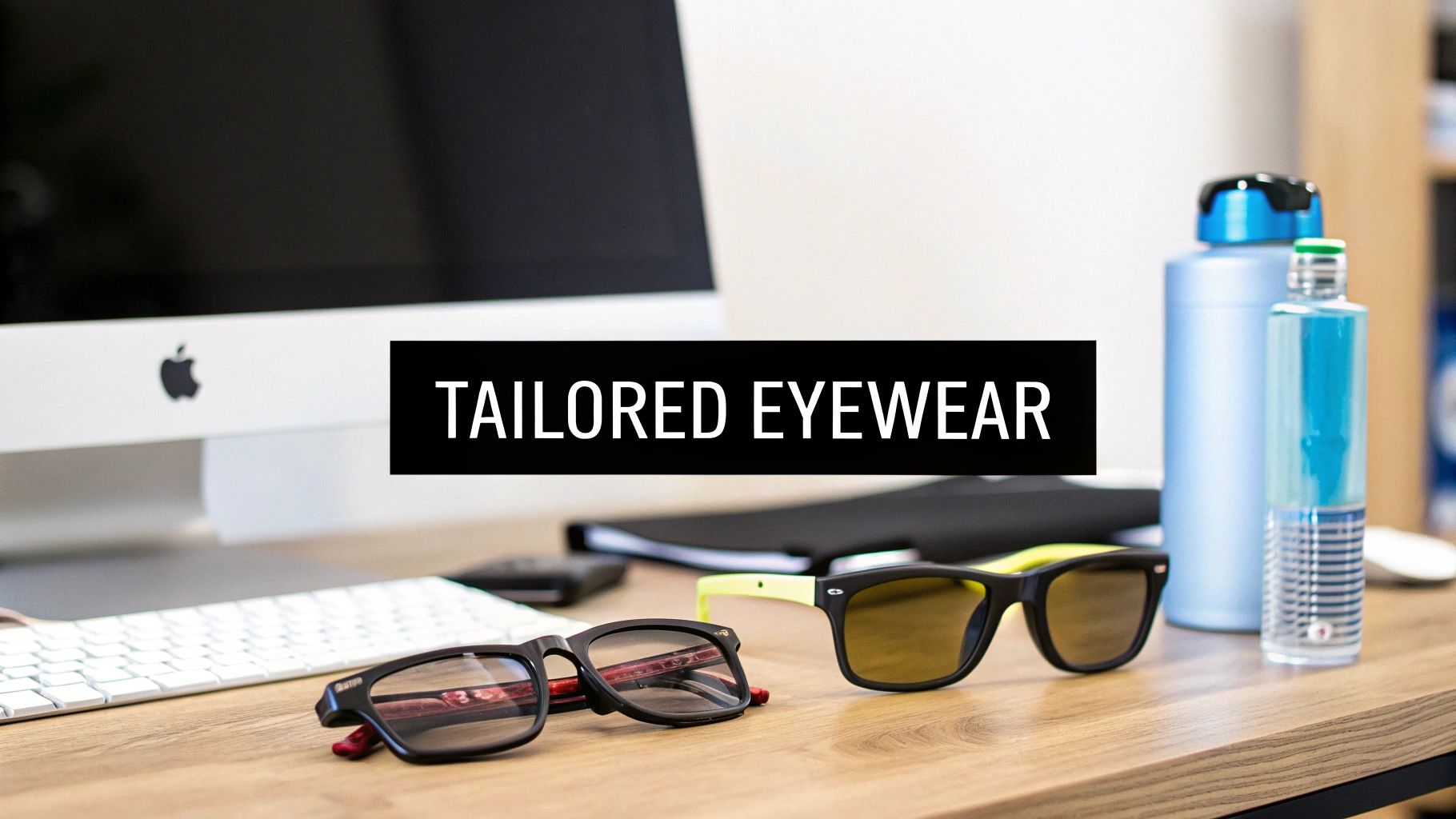 Two pairs of stylish eyeglasses and sunglasses rest on a wooden desk next to an iMac, with a 'TAILORED EYEWEAR' banner.
