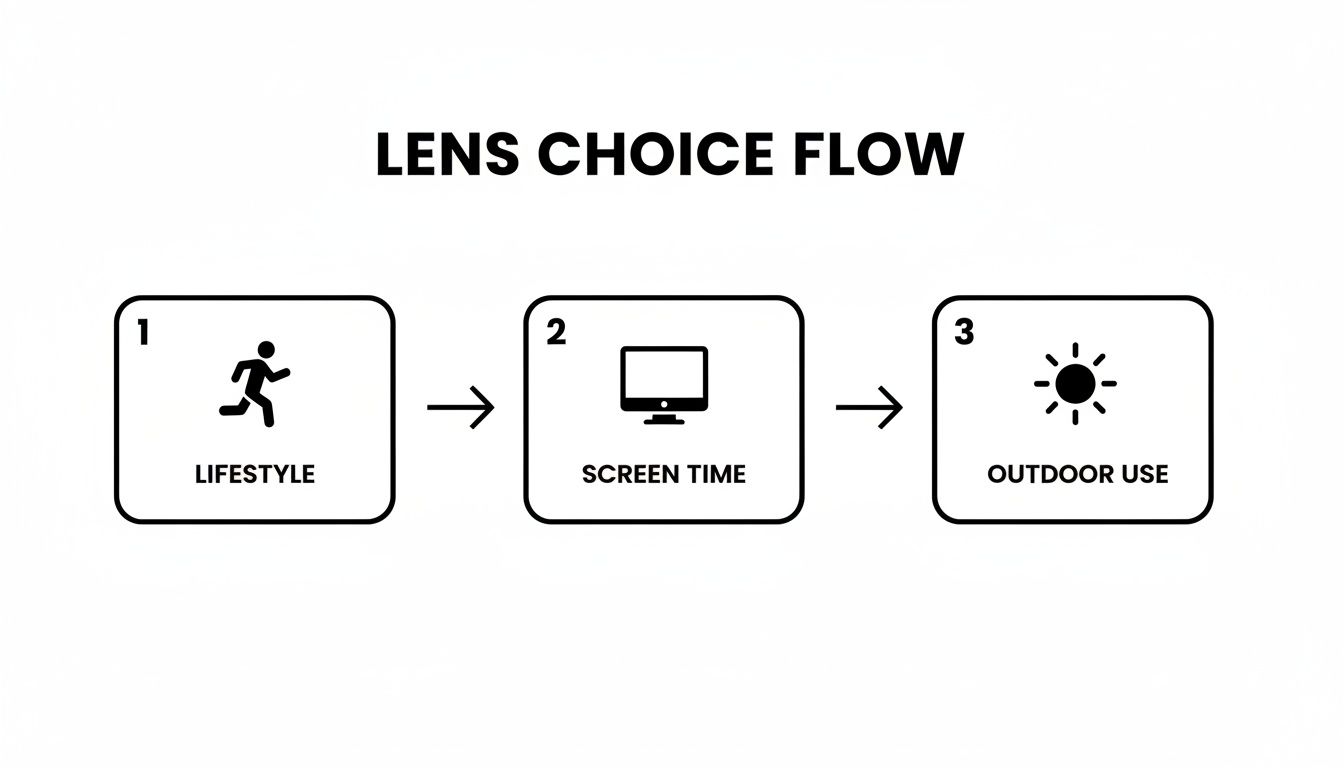 Flowchart showing lens choice steps: 1. Lifestyle, 2. Screen Time, and 3. Outdoor Use.