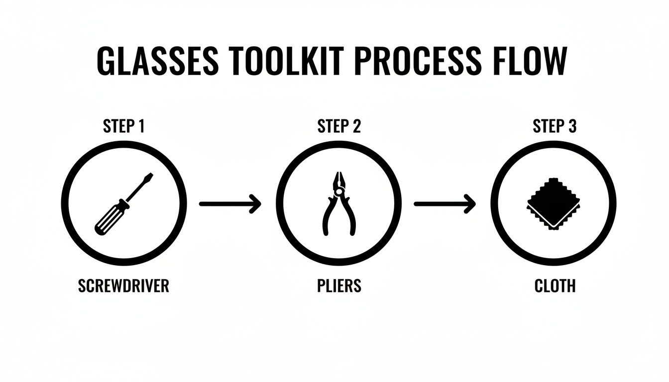 A clear three-step glasses toolkit process flow, illustrating screwdriver, pliers, and cloth for repair.