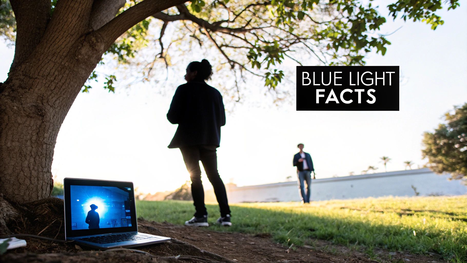 Person standing outdoors with laptop displaying blue light screen under tree at sunset