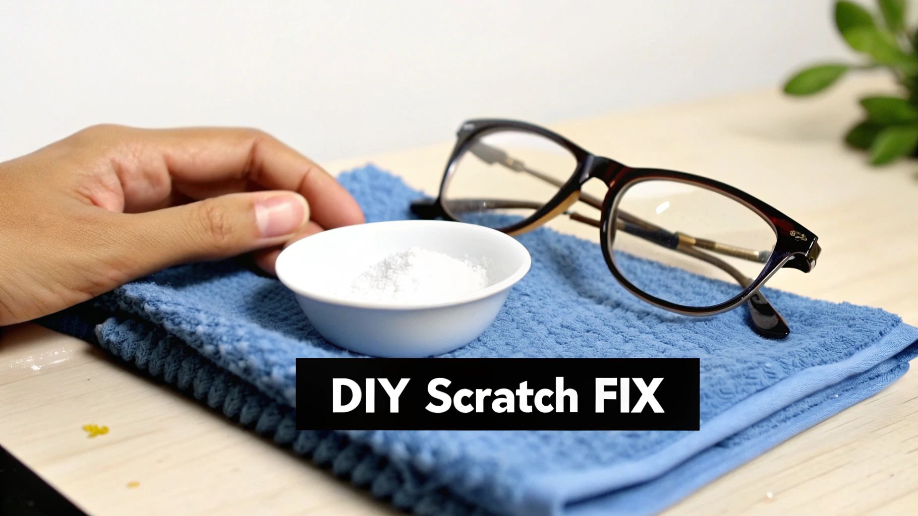 A hand holds a small bowl of white powder next to brown eyeglasses on a blue towel, with text 'DIY Scratch FIX'.