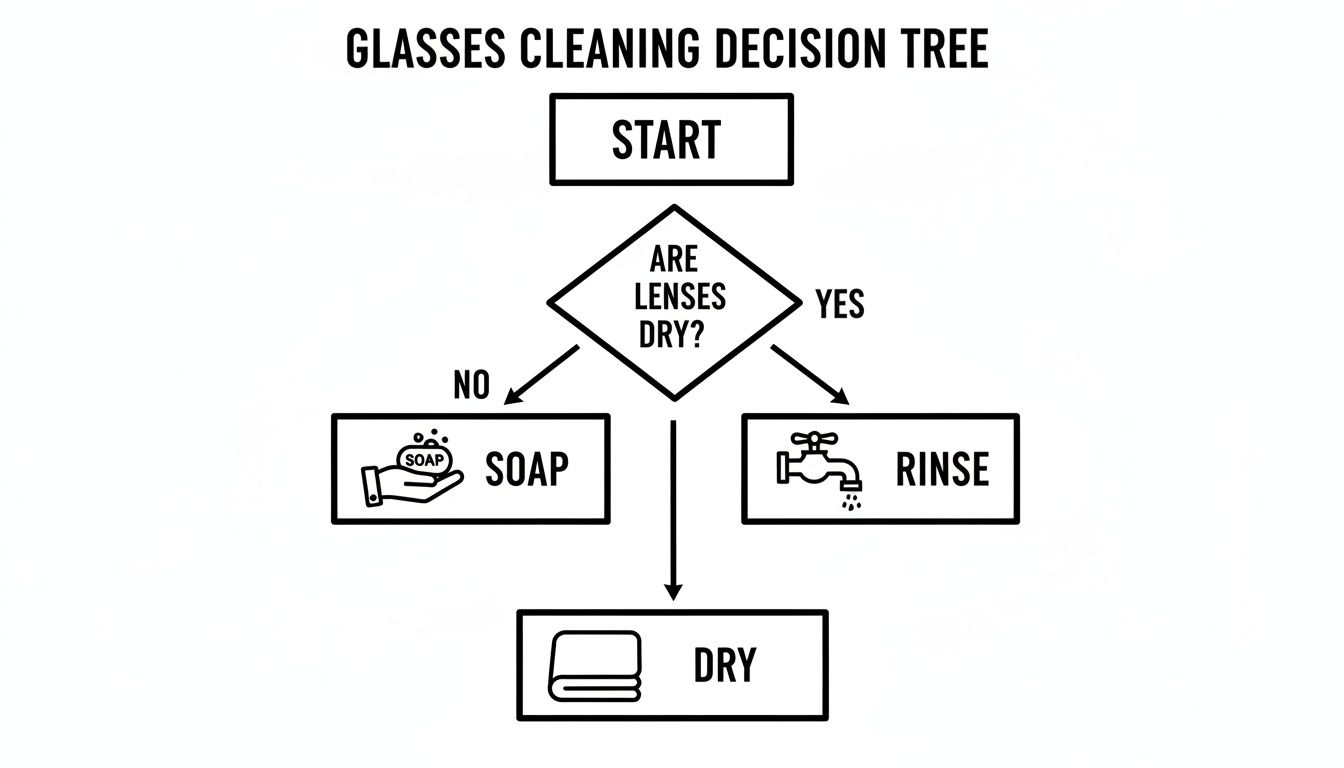 Flowchart illustrating a glasses cleaning decision tree: Start, check if lenses are dry, then soap or rinse, followed by dry.