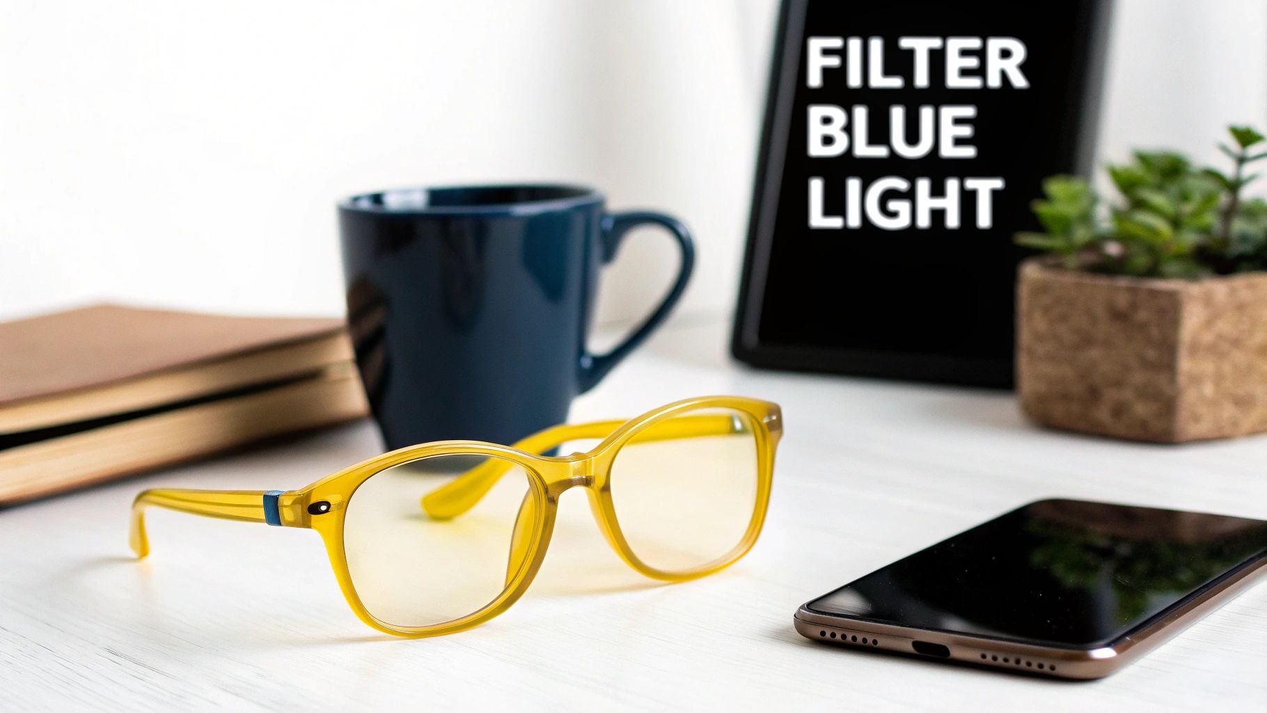 Yellow blue light filtering glasses on desk with smartphone, coffee mug, books and plant