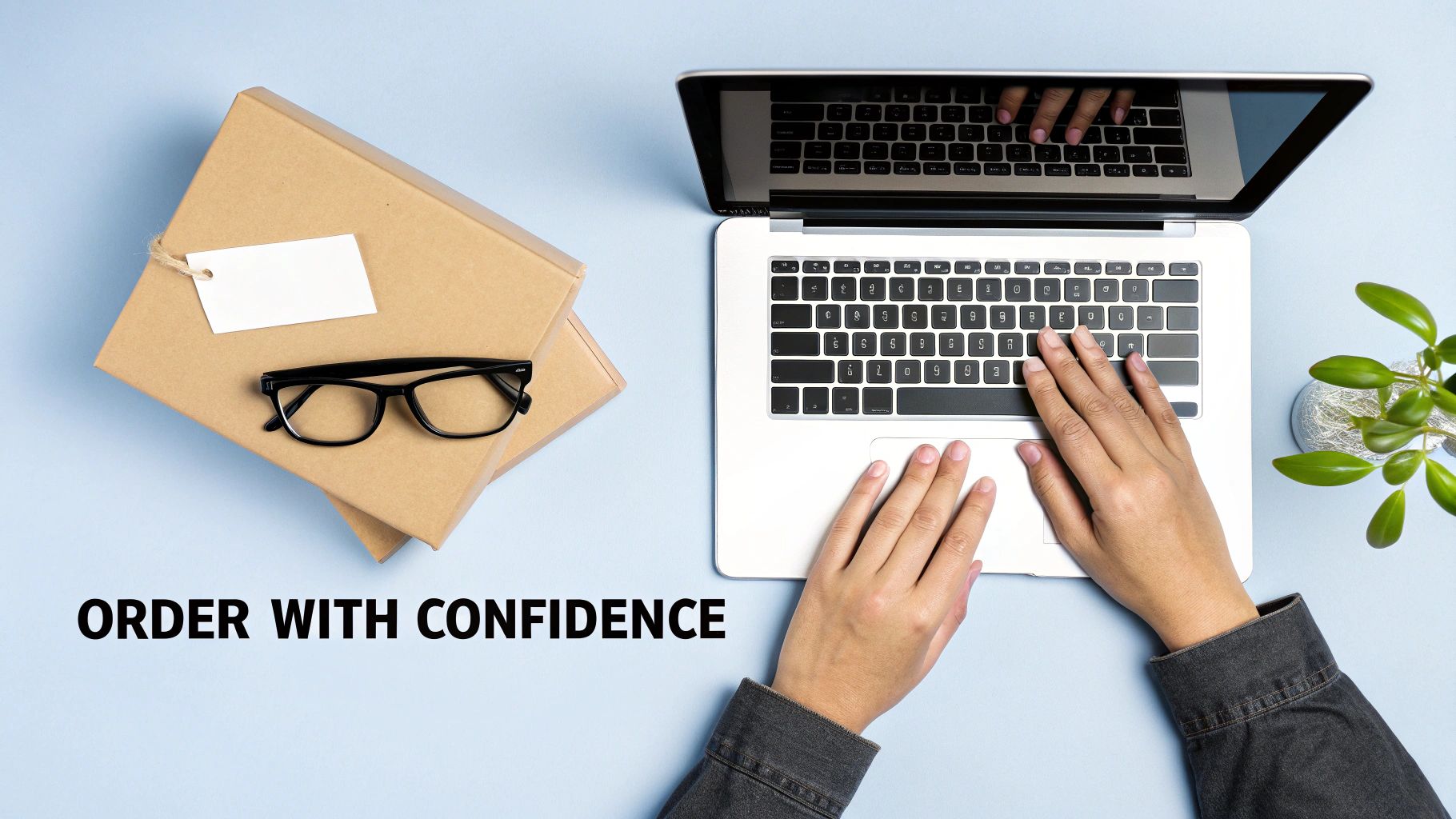 A person carefully inspecting their new prescription glasses after unboxing them