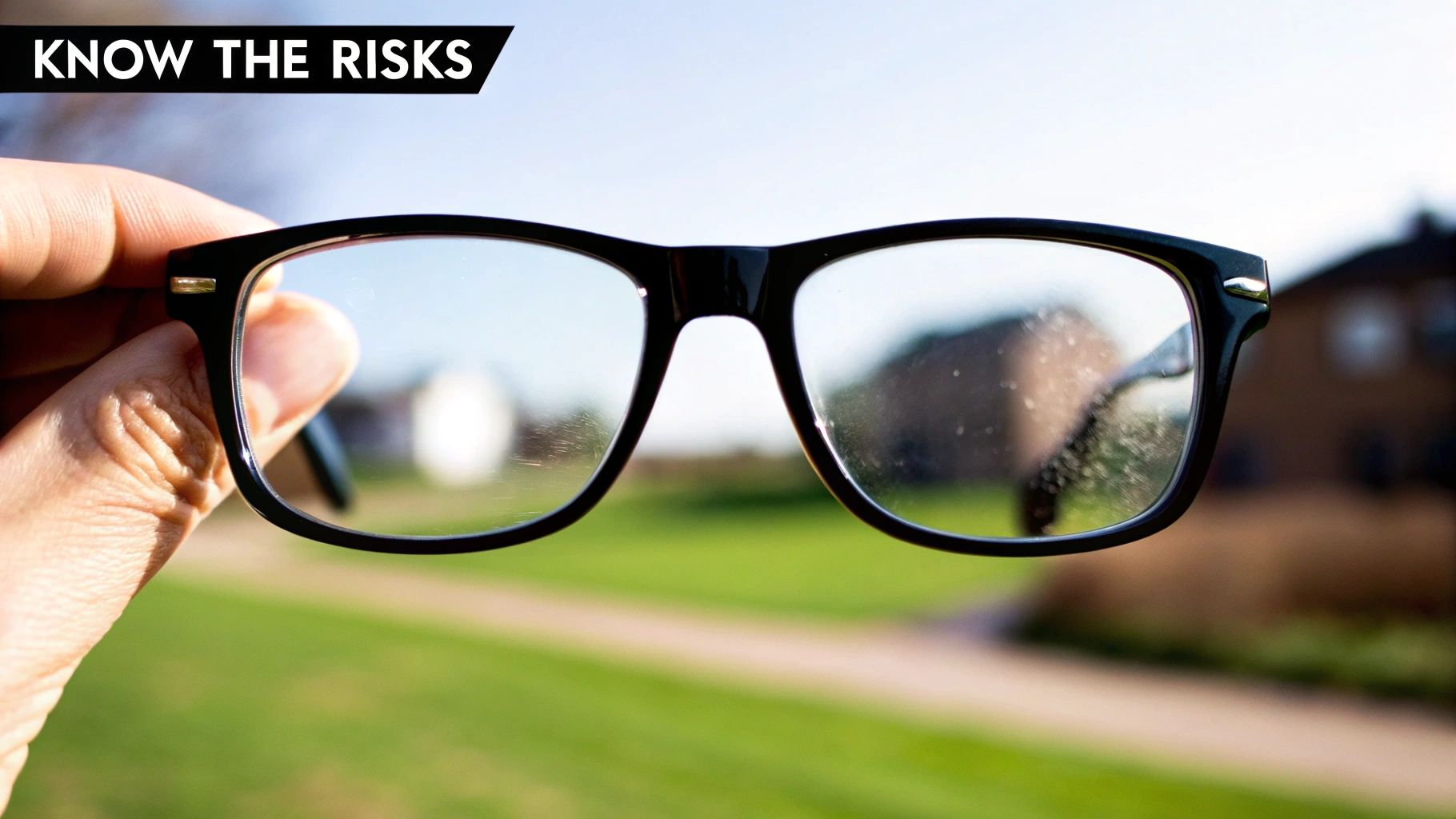 Hand holding dirty scratched eyeglasses up to blurred outdoor background demonstrating lens damage