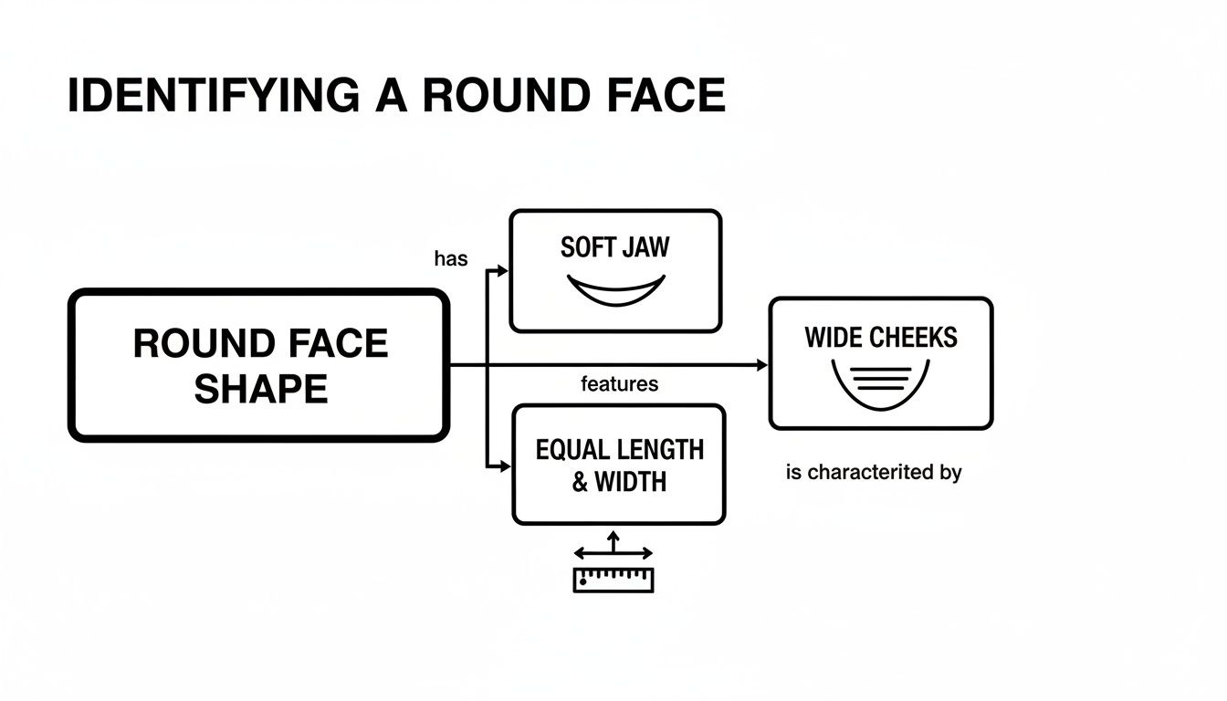 Diagram illustrating how to identify a round face shape with soft jaw, wide cheeks, and equal length and width.