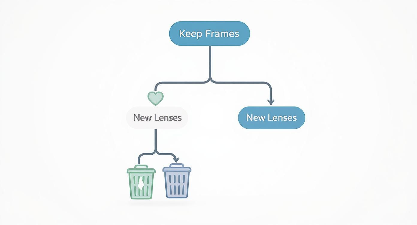 A flowchart demonstrating options for keeping existing frames and getting new lenses, with disposal symbols.