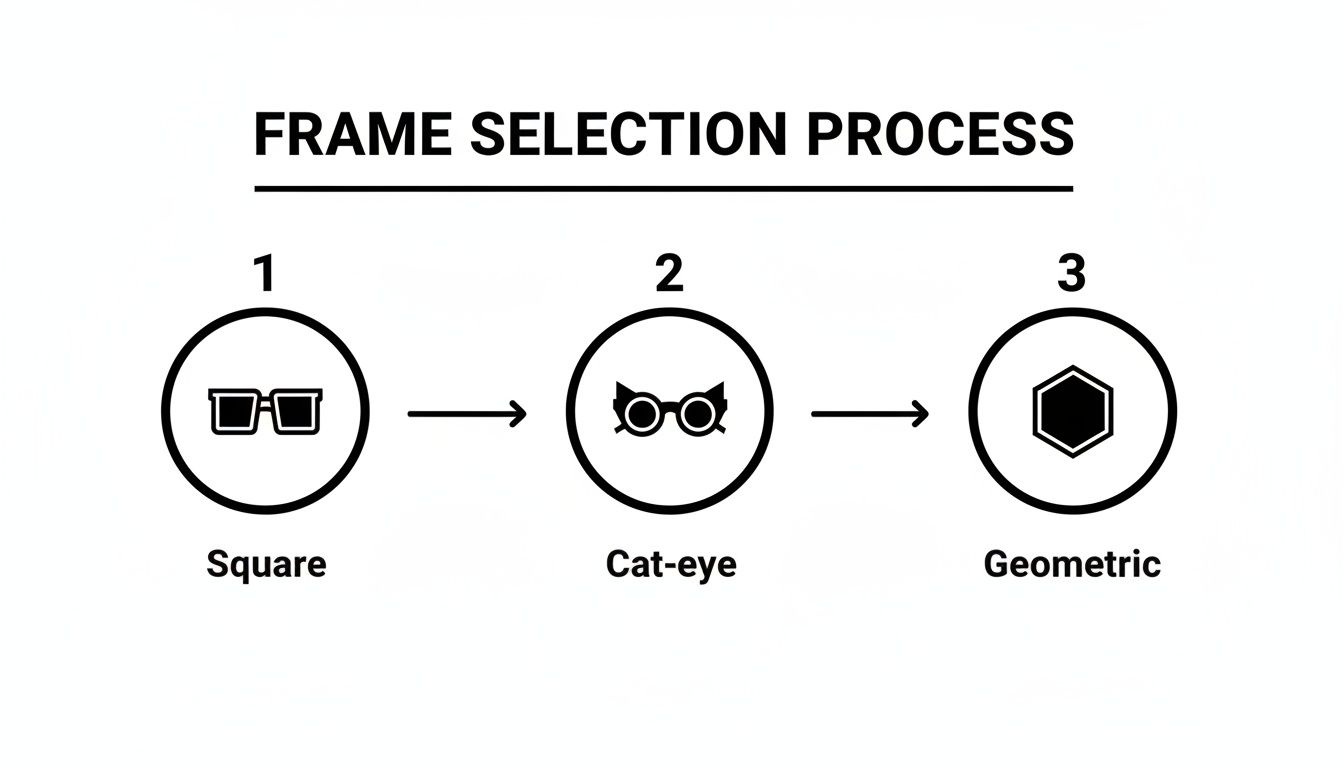 A flowchart showing the frame selection process with square, cat-eye, and geometric glasses styles.