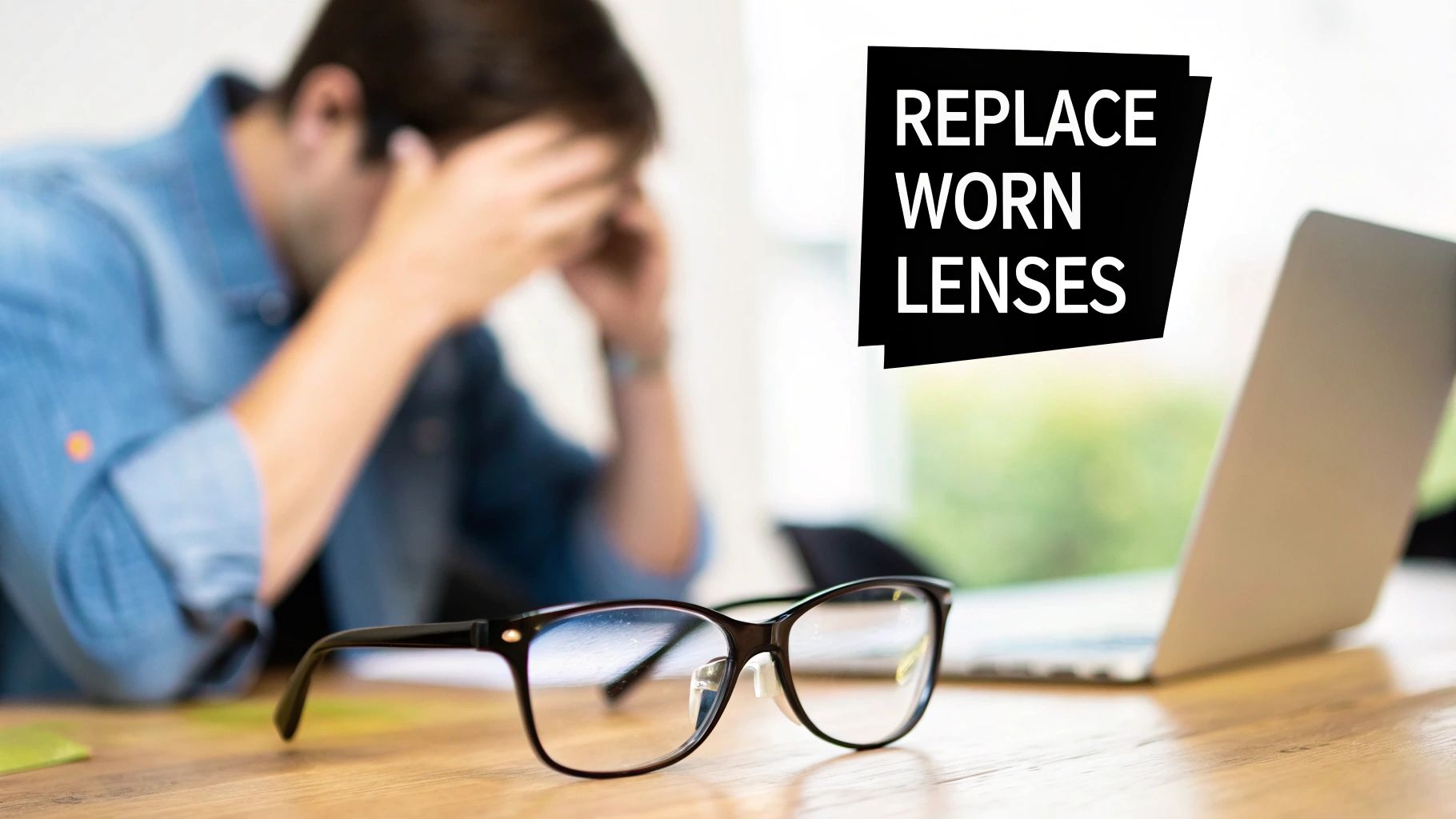 A blurred man holds his head in distress, with glasses on a desk and a call to 'REPLACE WORN LENSES'.
