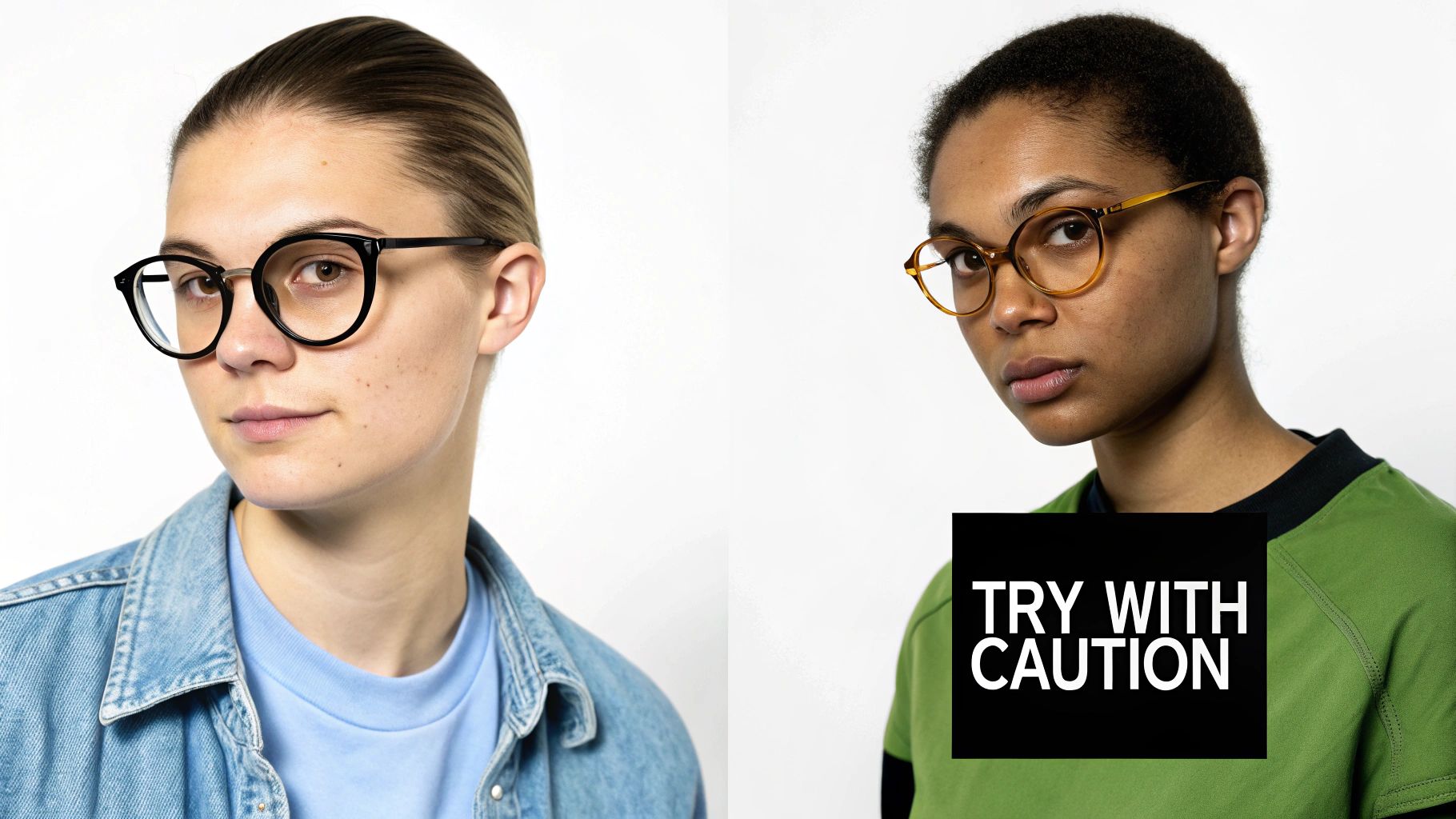 A person with an oval face wearing oversized frames that are slightly too large, demonstrating what to avoid.