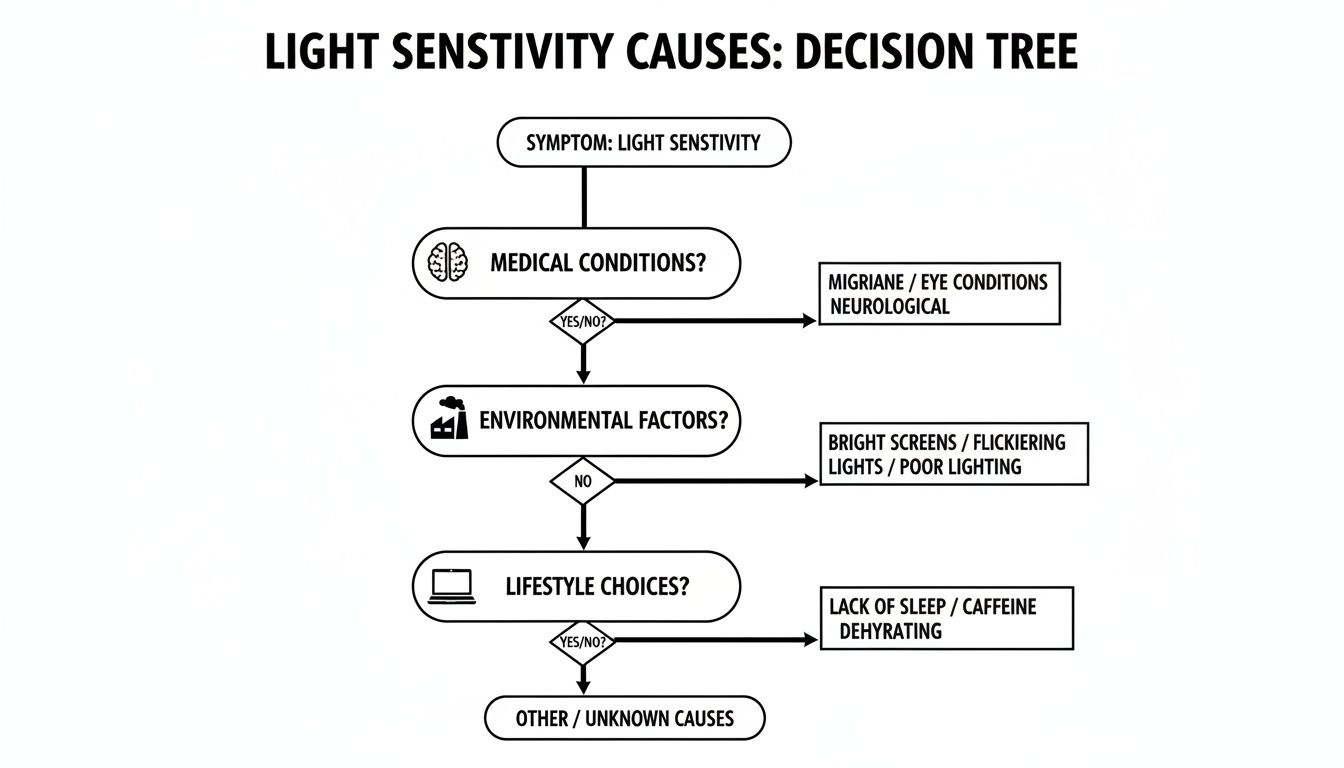 A decision tree flowchart illustrating various causes of light sensitivity, including medical, environmental, and lifestyle factors.