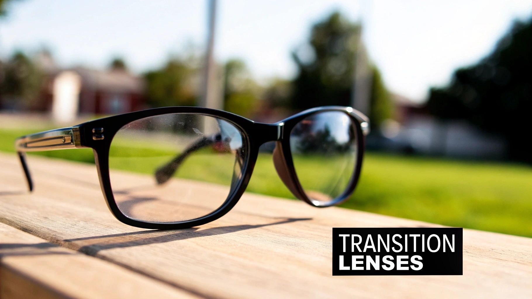 A pair of transition glasses, half clear and half dark, showing their adaptive capability.