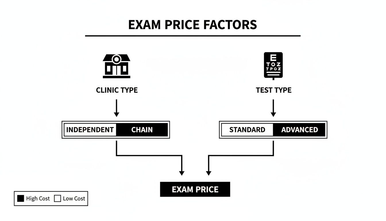Flowchart illustrating factors influencing eye exam prices: clinic type (independent vs chain) and test type (standard vs advanced).