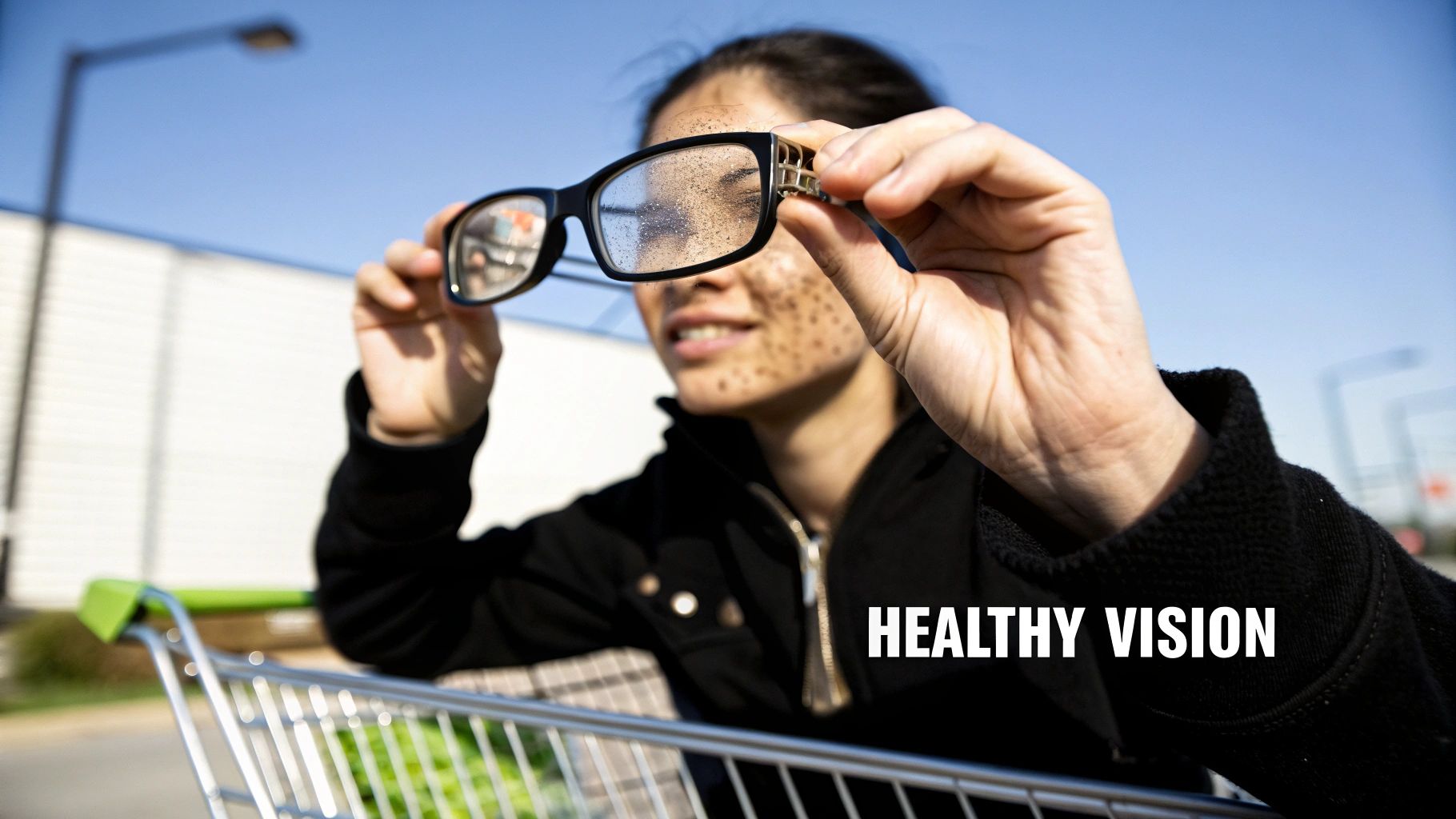 Person holding dirty, smudged glasses, looking through them with blurry vision outdoors.
