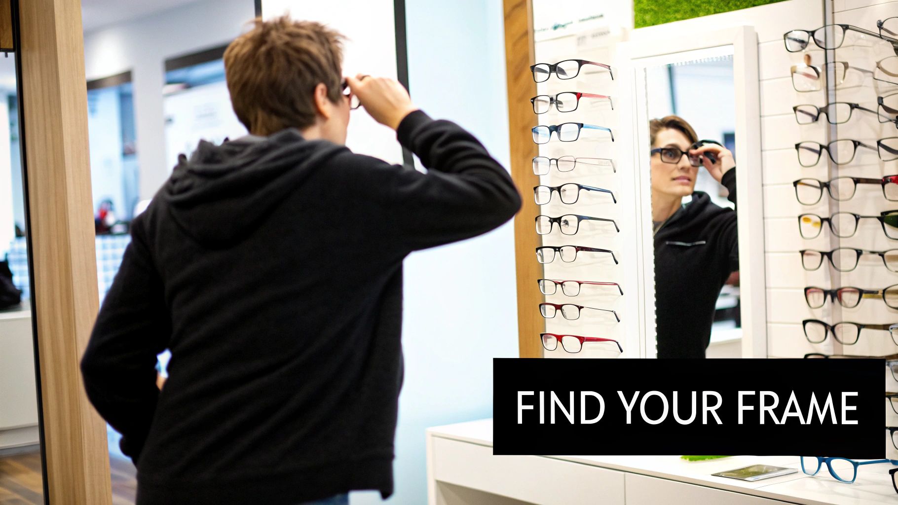 A person smiling confidently while trying on a stylish pair of glasses in a modern eyewear shop.